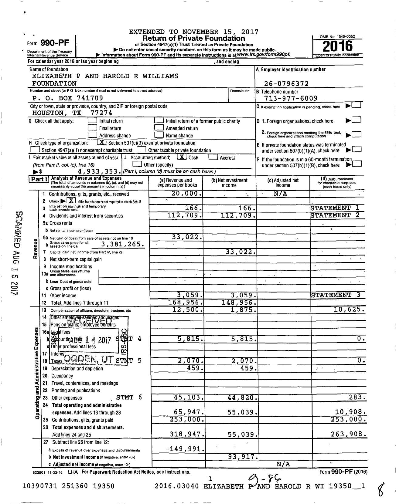 Image of first page of 2016 Form 990PF for Elizabeth P and Harold R Williams Foundation