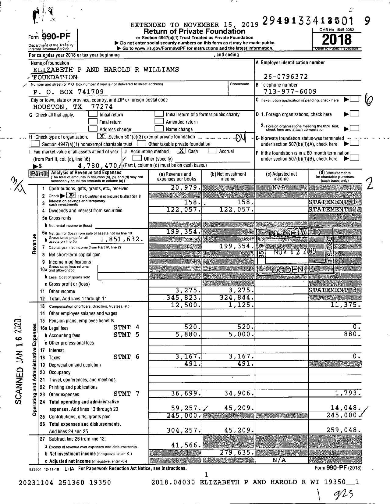 Image of first page of 2018 Form 990PF for Elizabeth P and Harold R Williams Foundation