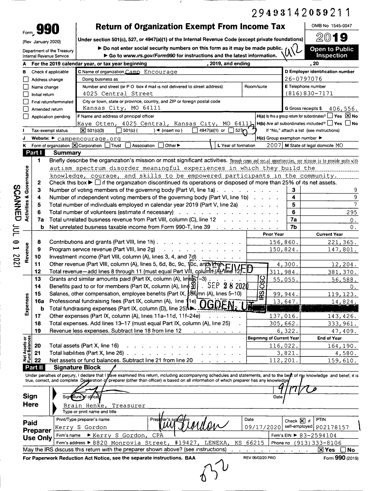 Image of first page of 2019 Form 990 for Camp Encourage
