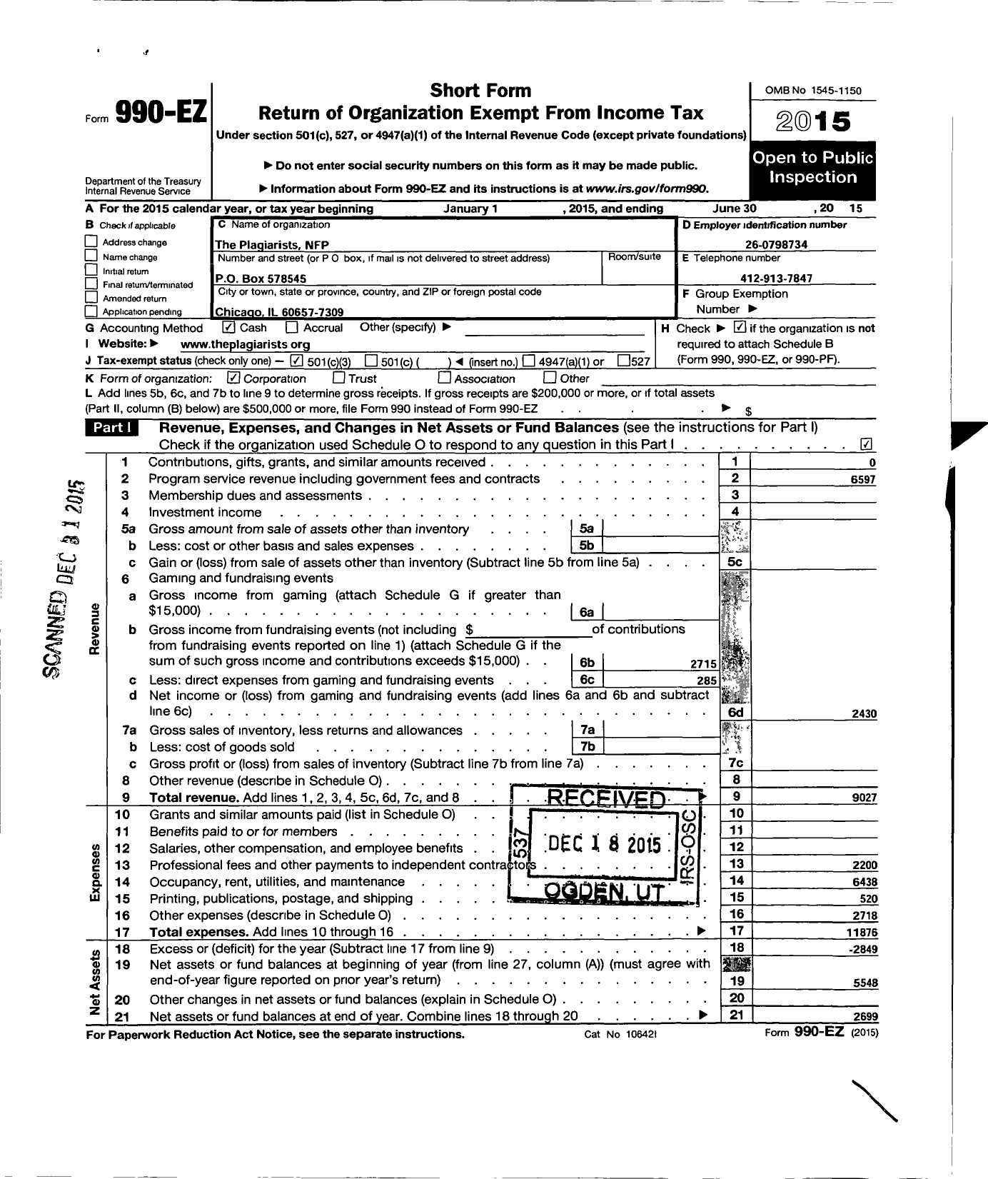 Image of first page of 2014 Form 990EZ for Plagiarists NFP