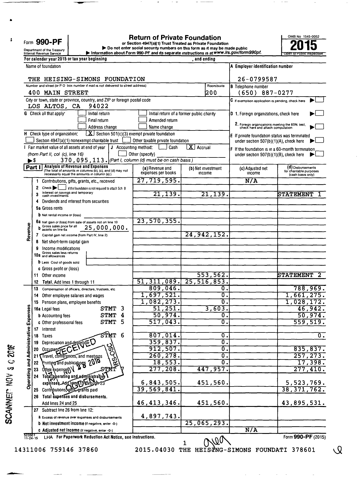 Image of first page of 2015 Form 990PF for Heising Simons Foundation