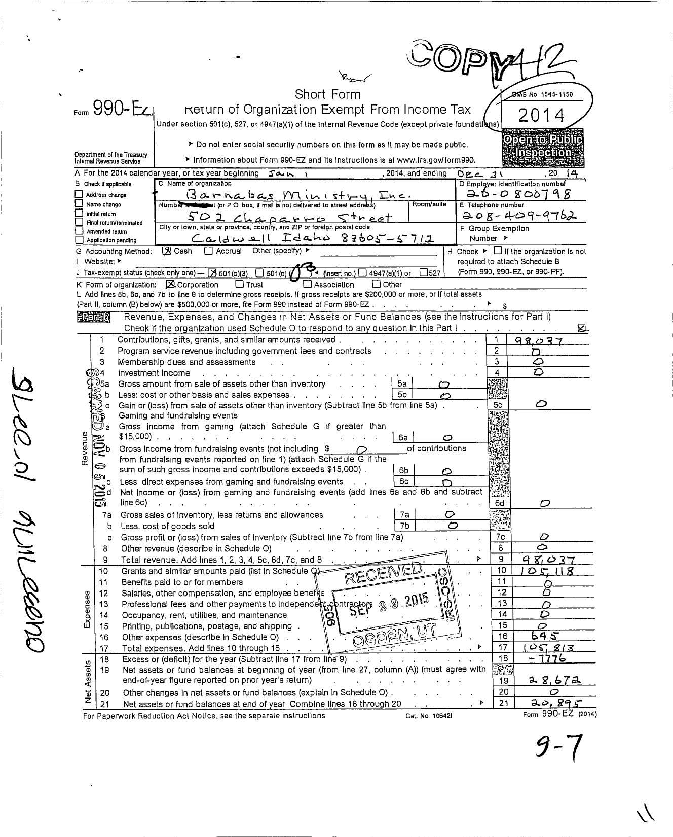 Image of first page of 2014 Form 990EZ for Barnabas Ministry