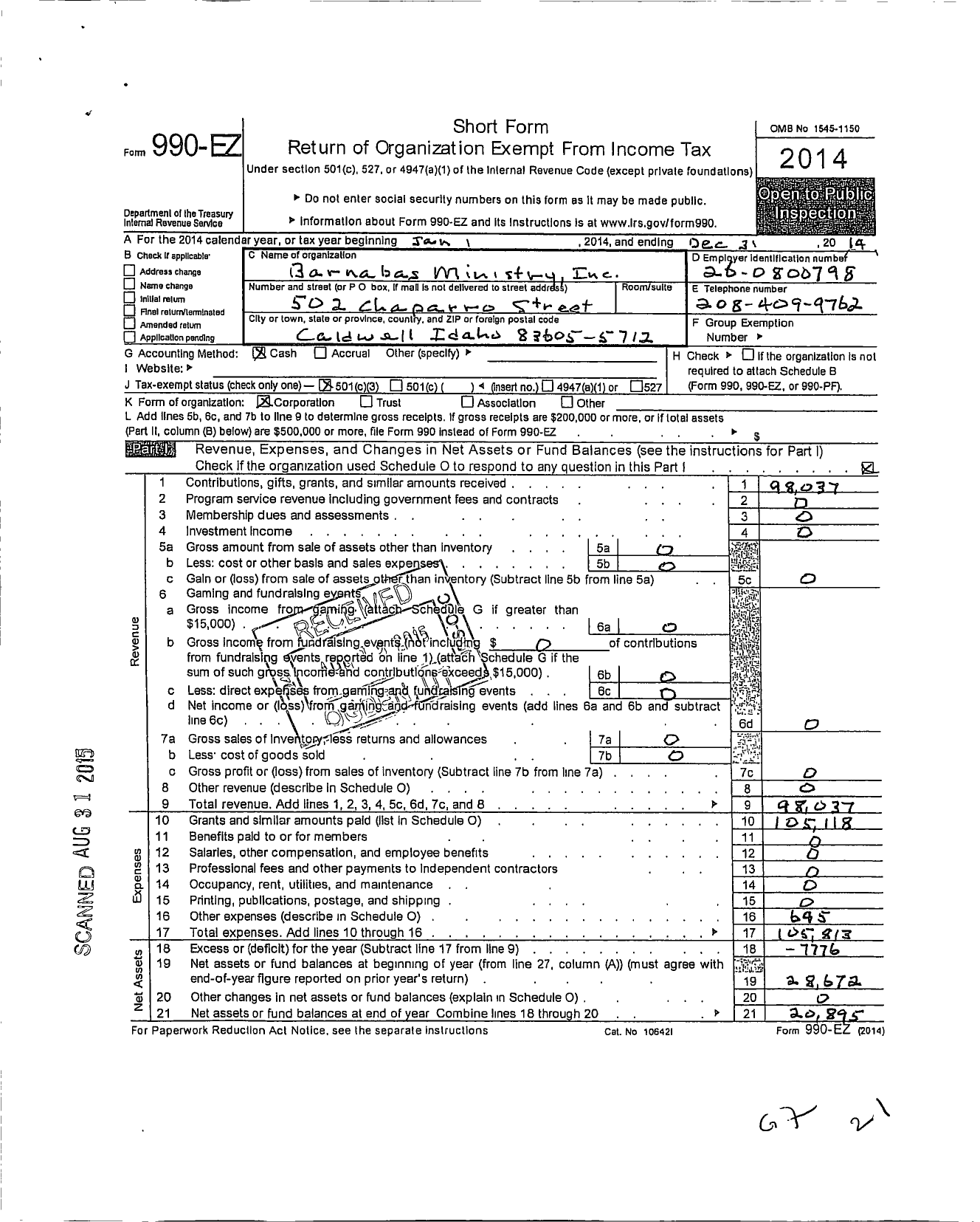 Image of first page of 2014 Form 990EZ for Barnabas Ministry