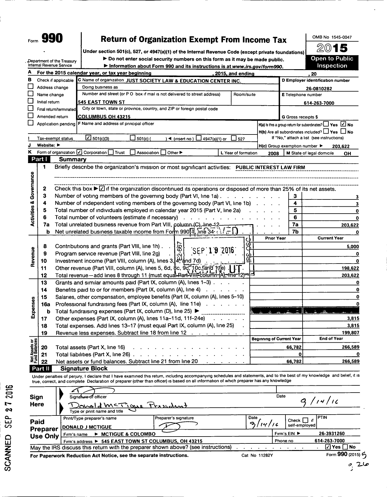 Image of first page of 2015 Form 990 for Just Society Law Project