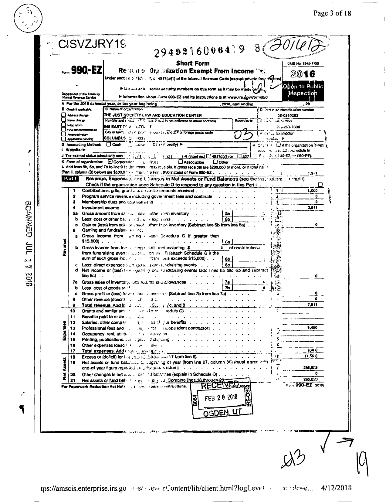 Image of first page of 2016 Form 990EZ for Just Society Law Project