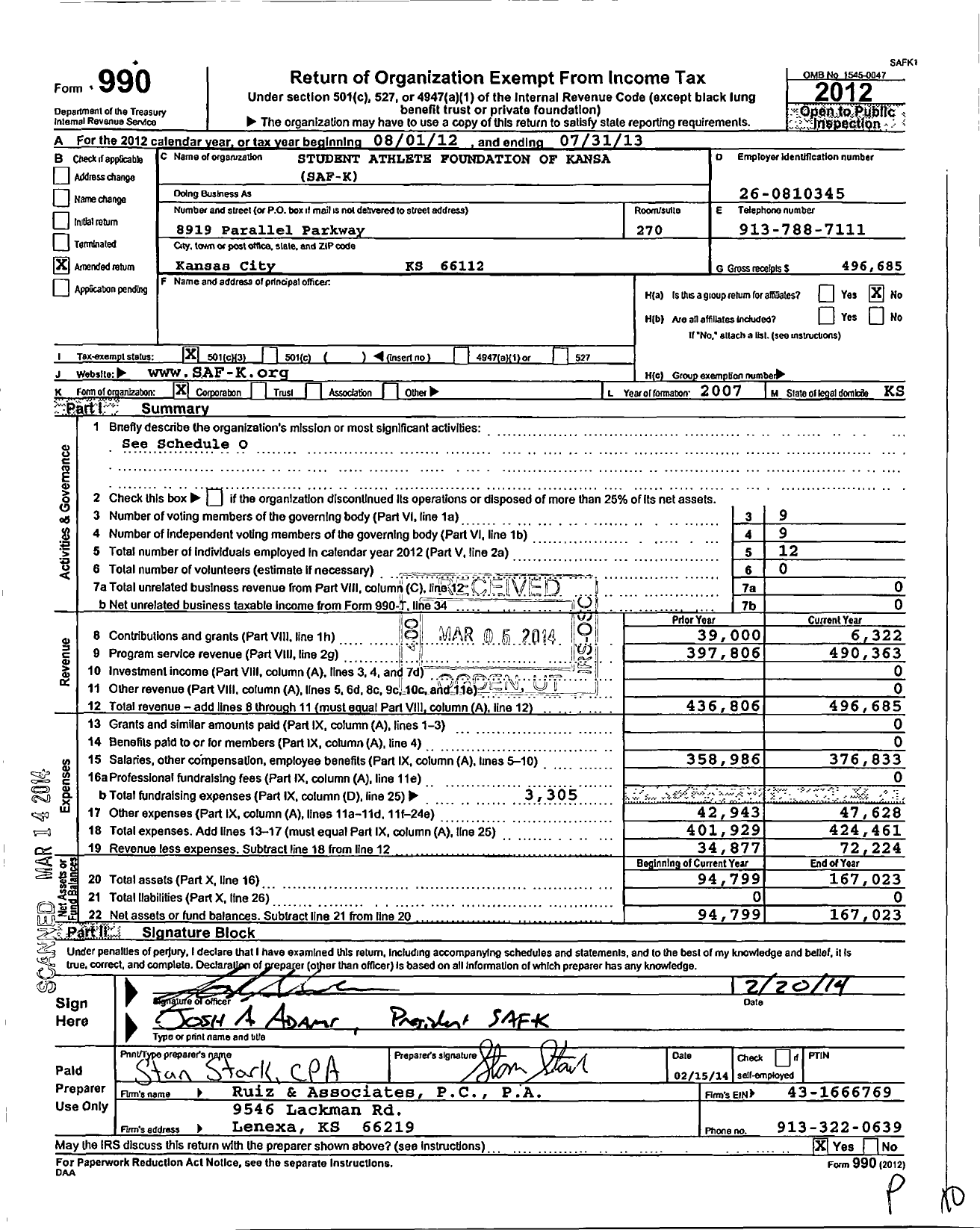 Image of first page of 2012 Form 990 for Student Athlete Foundation of Kansas City