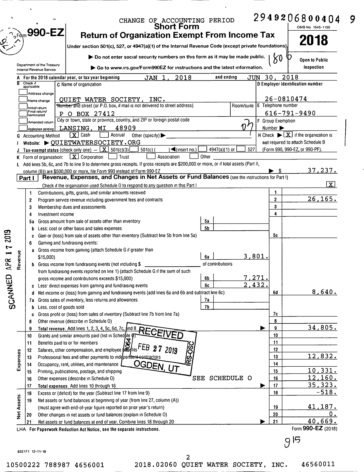 Image of first page of 2017 Form 990EZ for Quiet Water Society