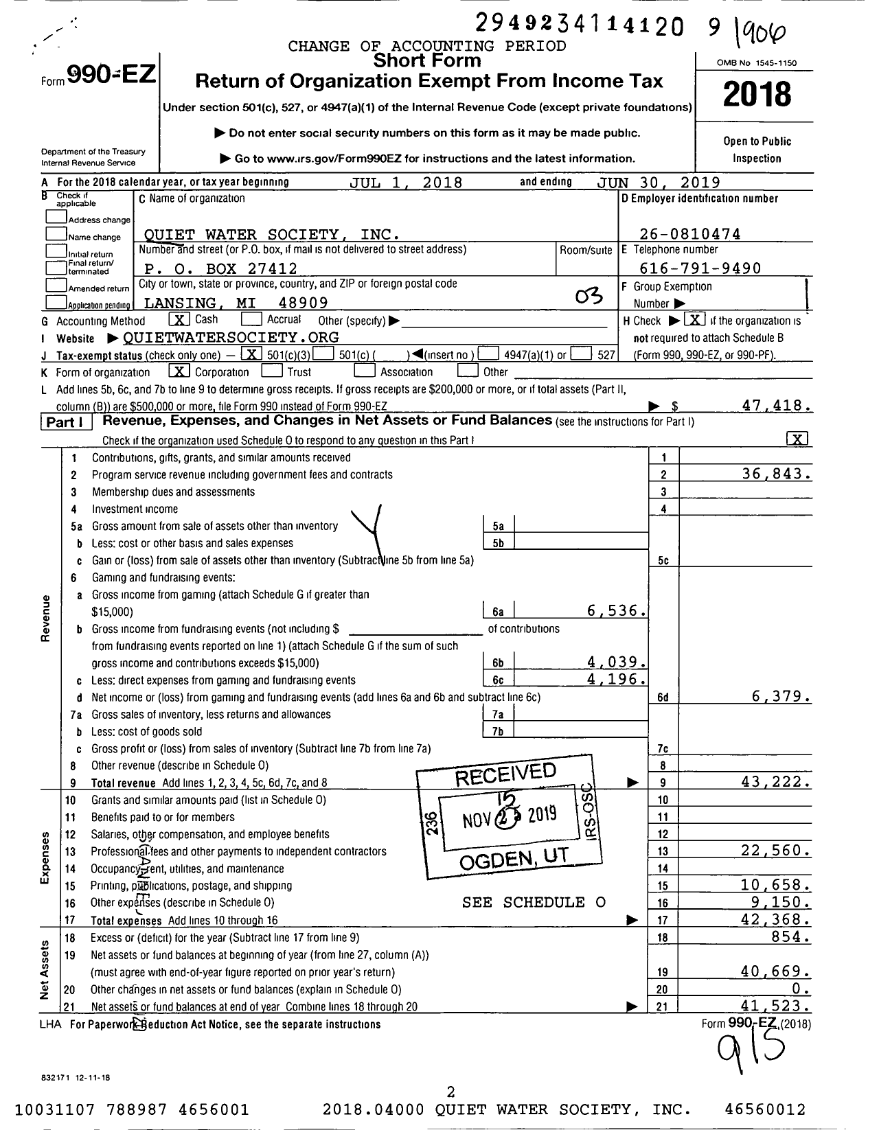 Image of first page of 2018 Form 990EZ for Quiet Water Society