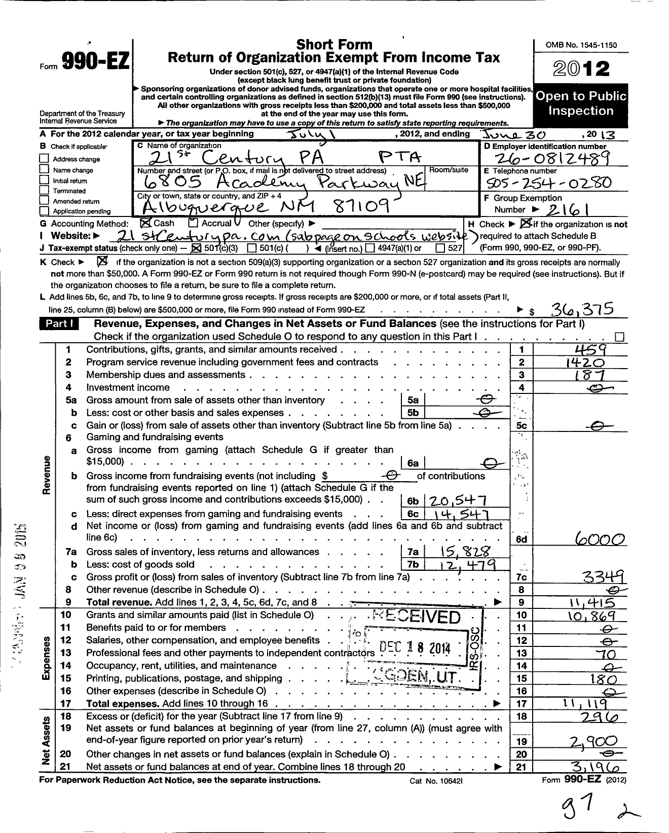 Image of first page of 2012 Form 990EZ for PTA New Mexico Congress / 21st Century Public Academy