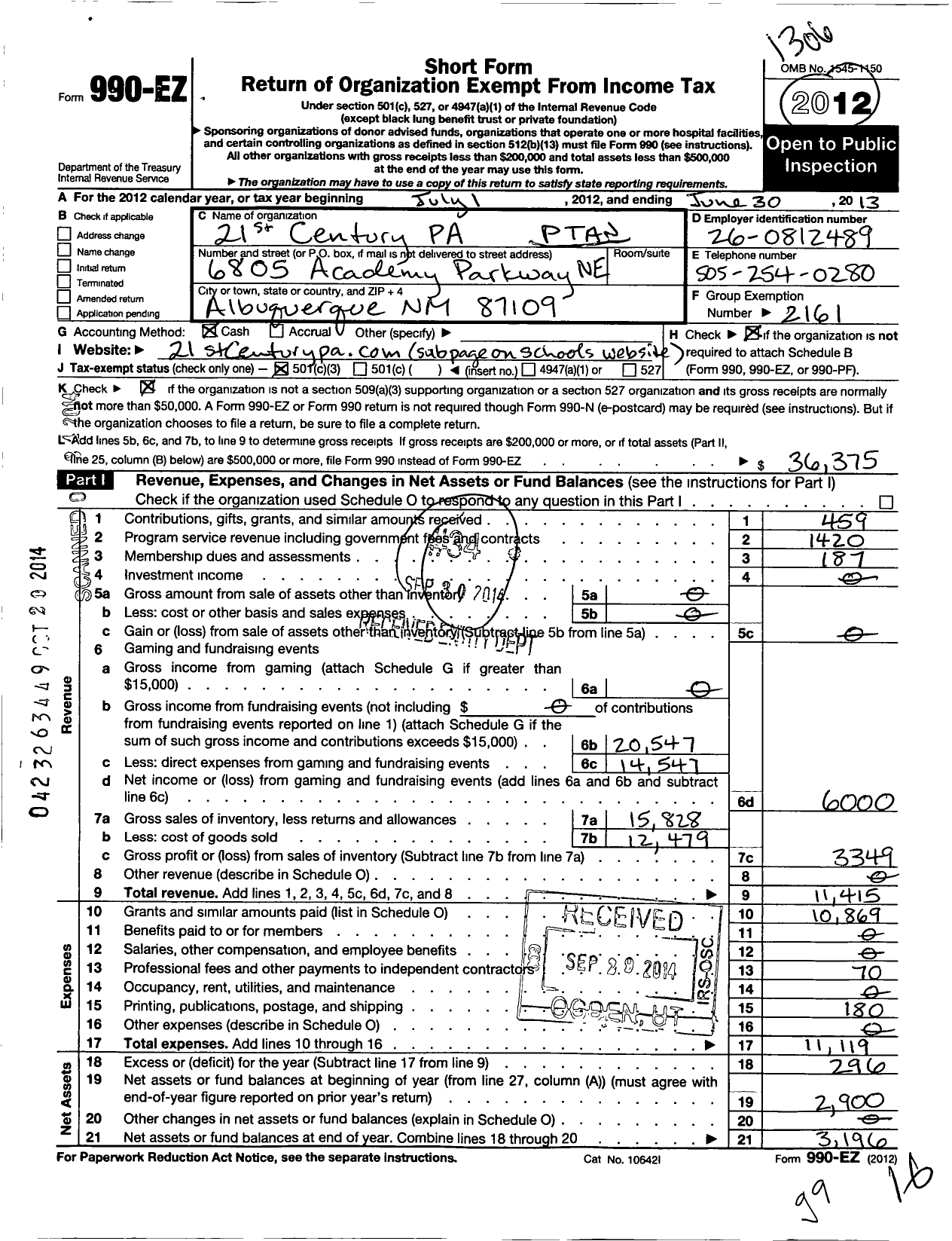 Image of first page of 2012 Form 990EZ for PTA New Mexico Congress / 21st Century Public Academy