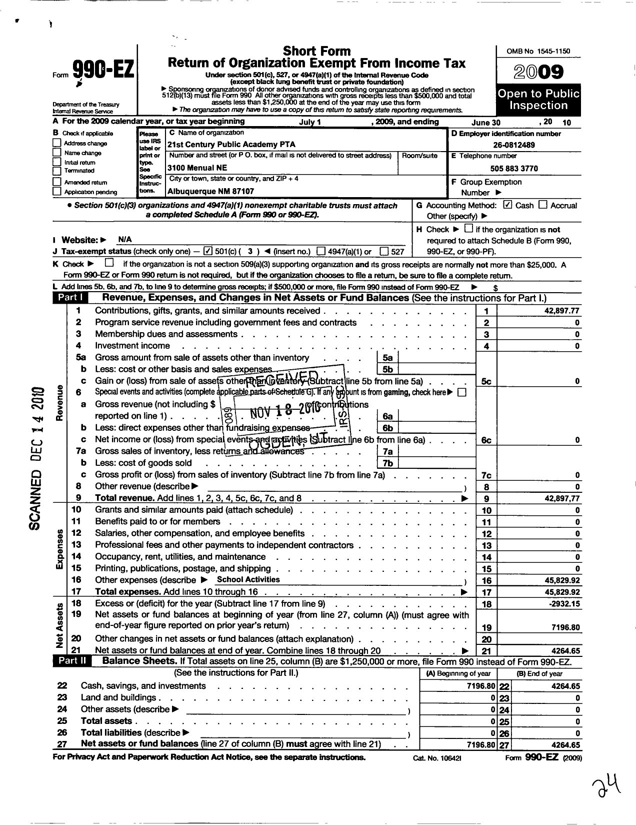 Image of first page of 2009 Form 990EZ for PTA New Mexico Congress / 21st Century Public Academy