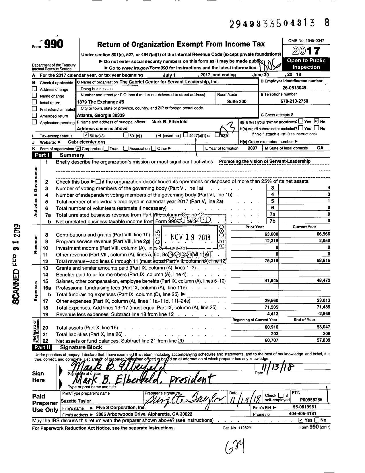 Image of first page of 2017 Form 990 for The Gabriel Center for Servant-Leadership