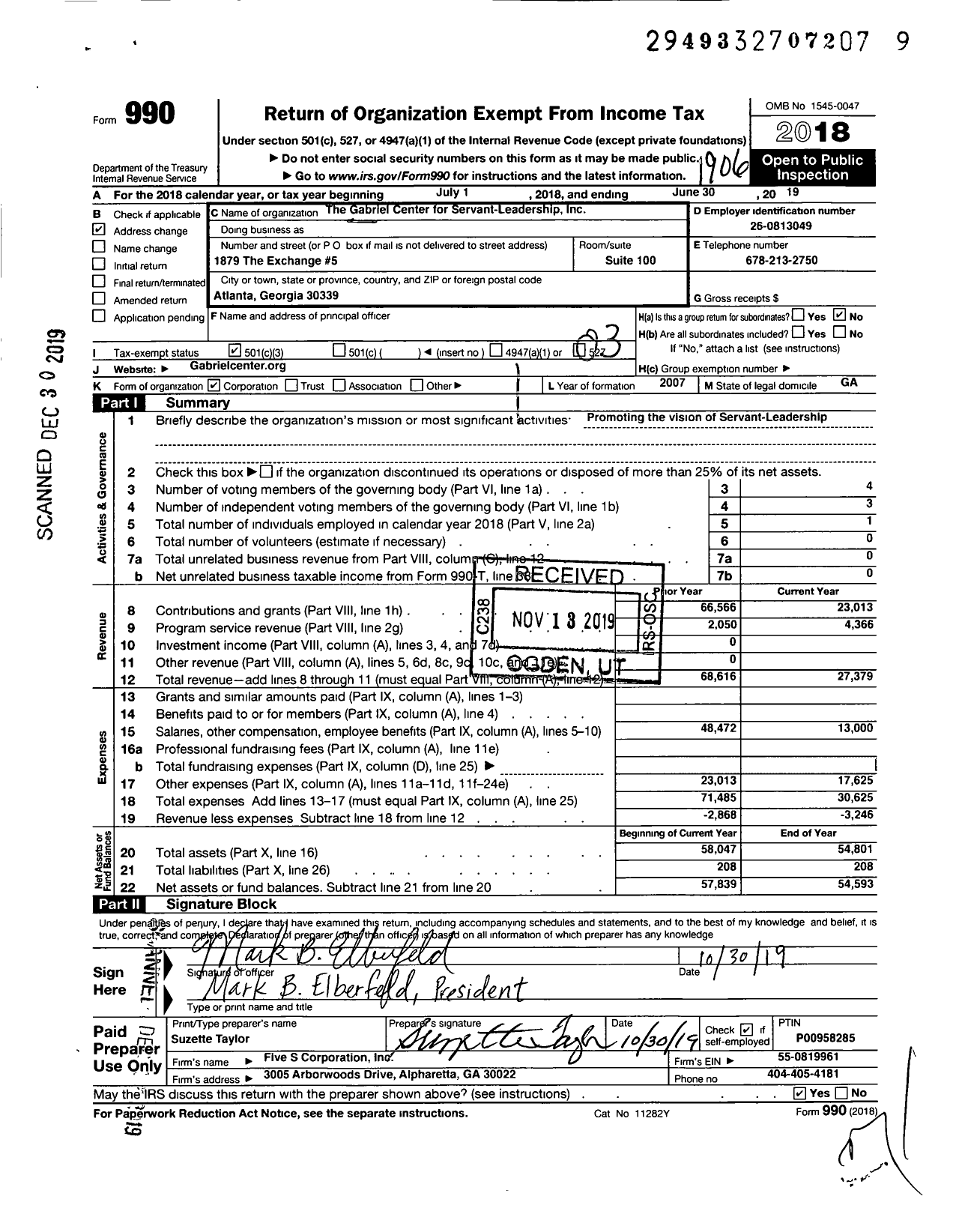 Image of first page of 2018 Form 990 for The Gabriel Center for Servant-Leadership