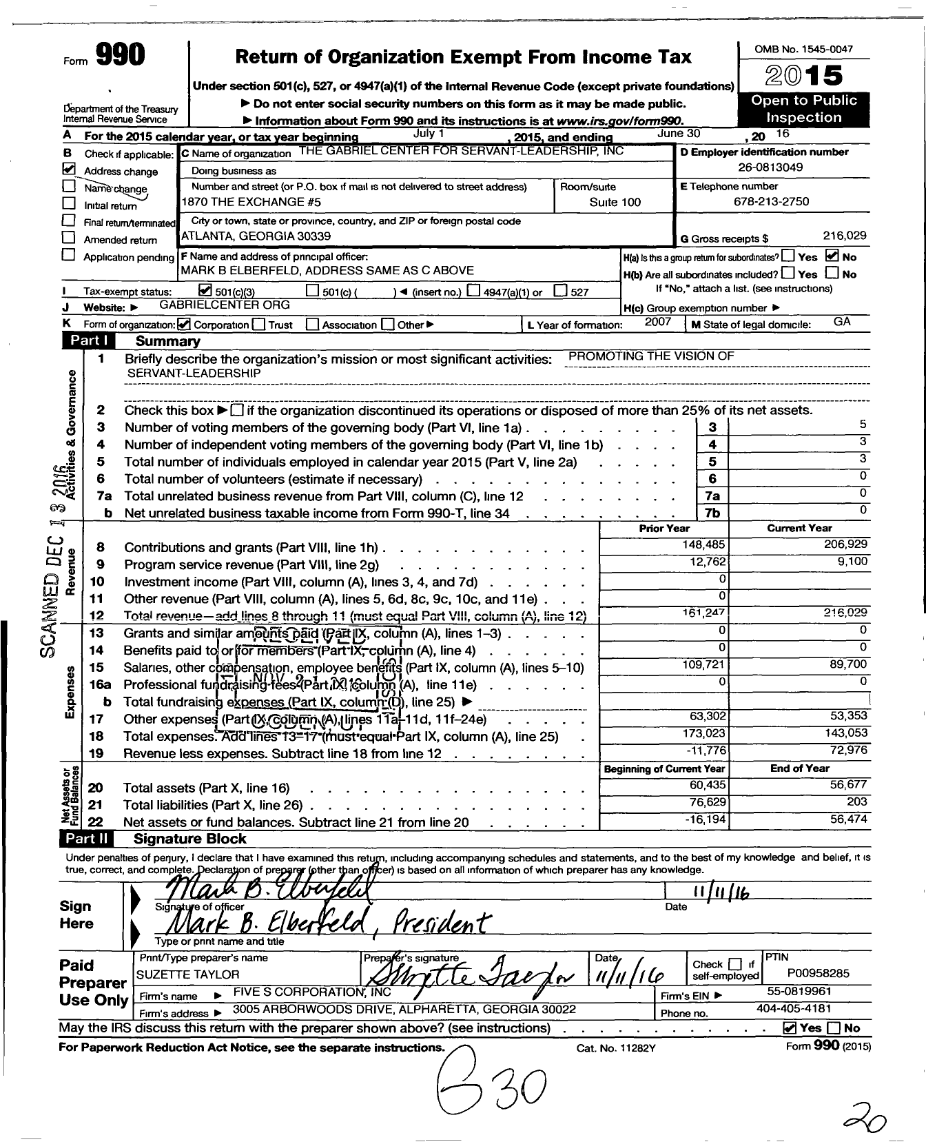 Image of first page of 2015 Form 990 for The Gabriel Center for Servant-Leadership