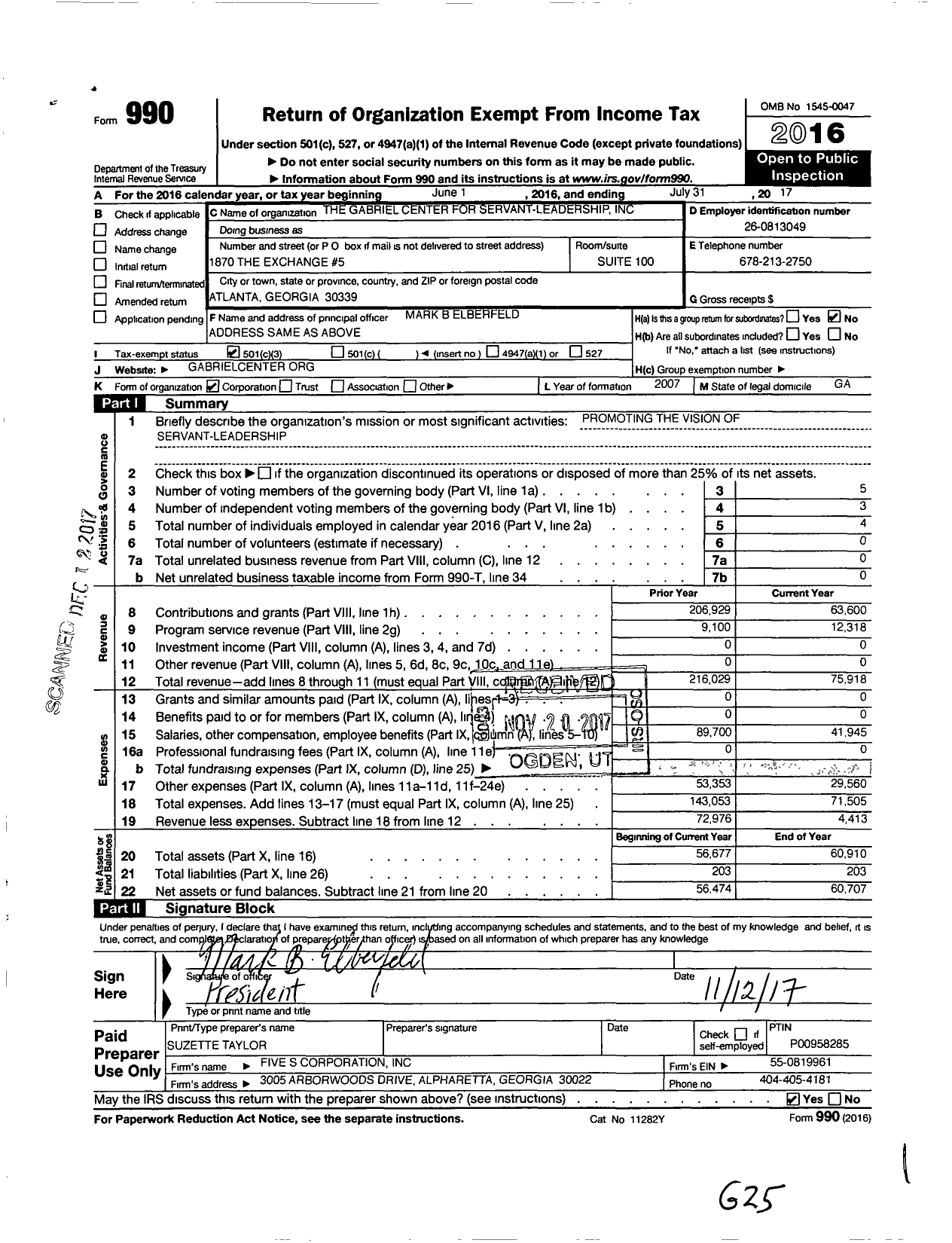 Image of first page of 2016 Form 990 for The Gabriel Center for Servant-Leadership