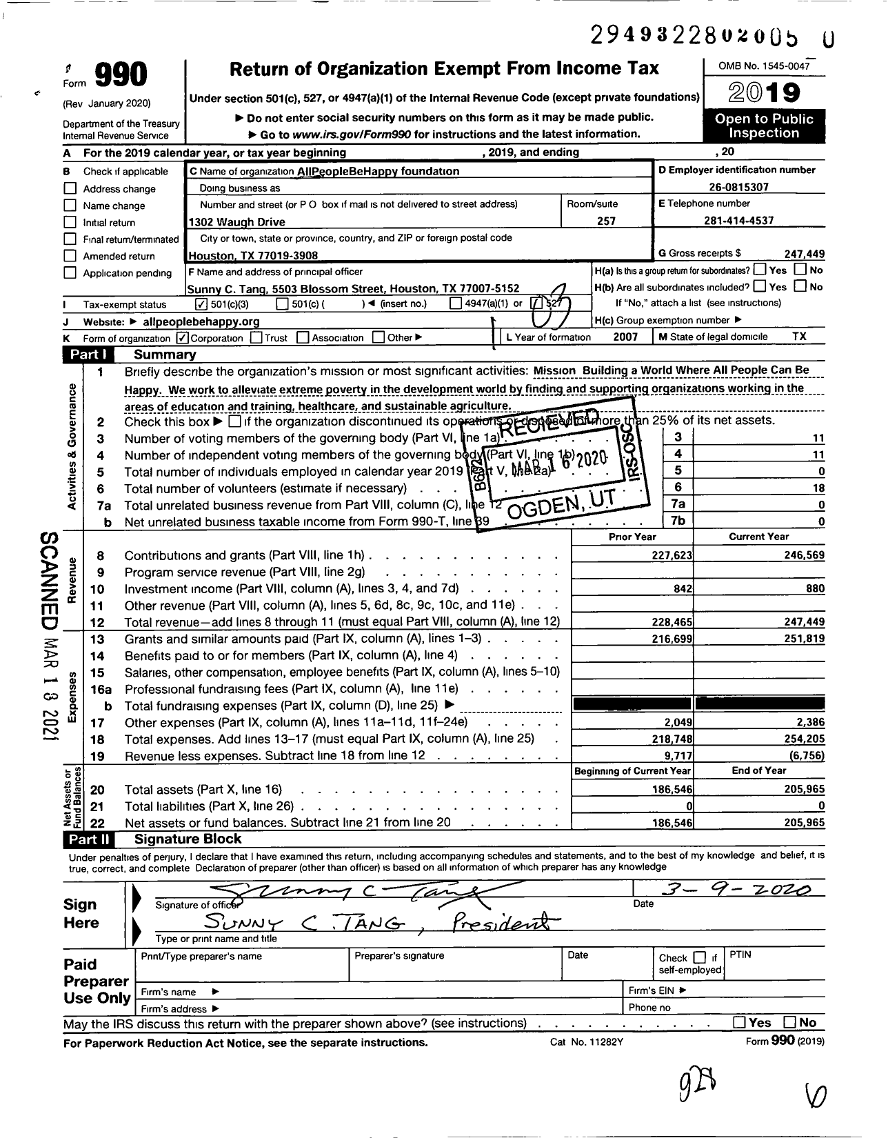 Image of first page of 2019 Form 990 for Allpeoplebehappy Foundation