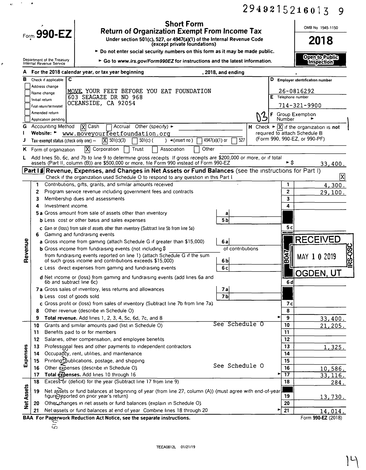 Image of first page of 2018 Form 990EZ for Move Your Feet Before You Eat Foundation