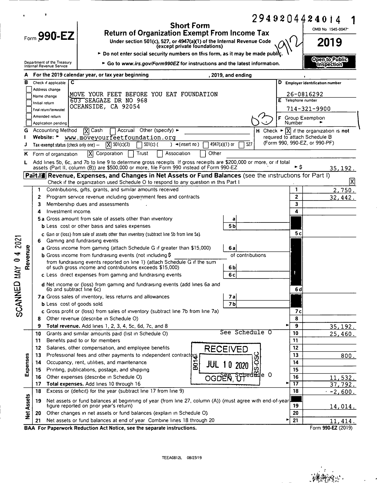 Image of first page of 2019 Form 990EZ for Move Your Feet Before You Eat Foundation