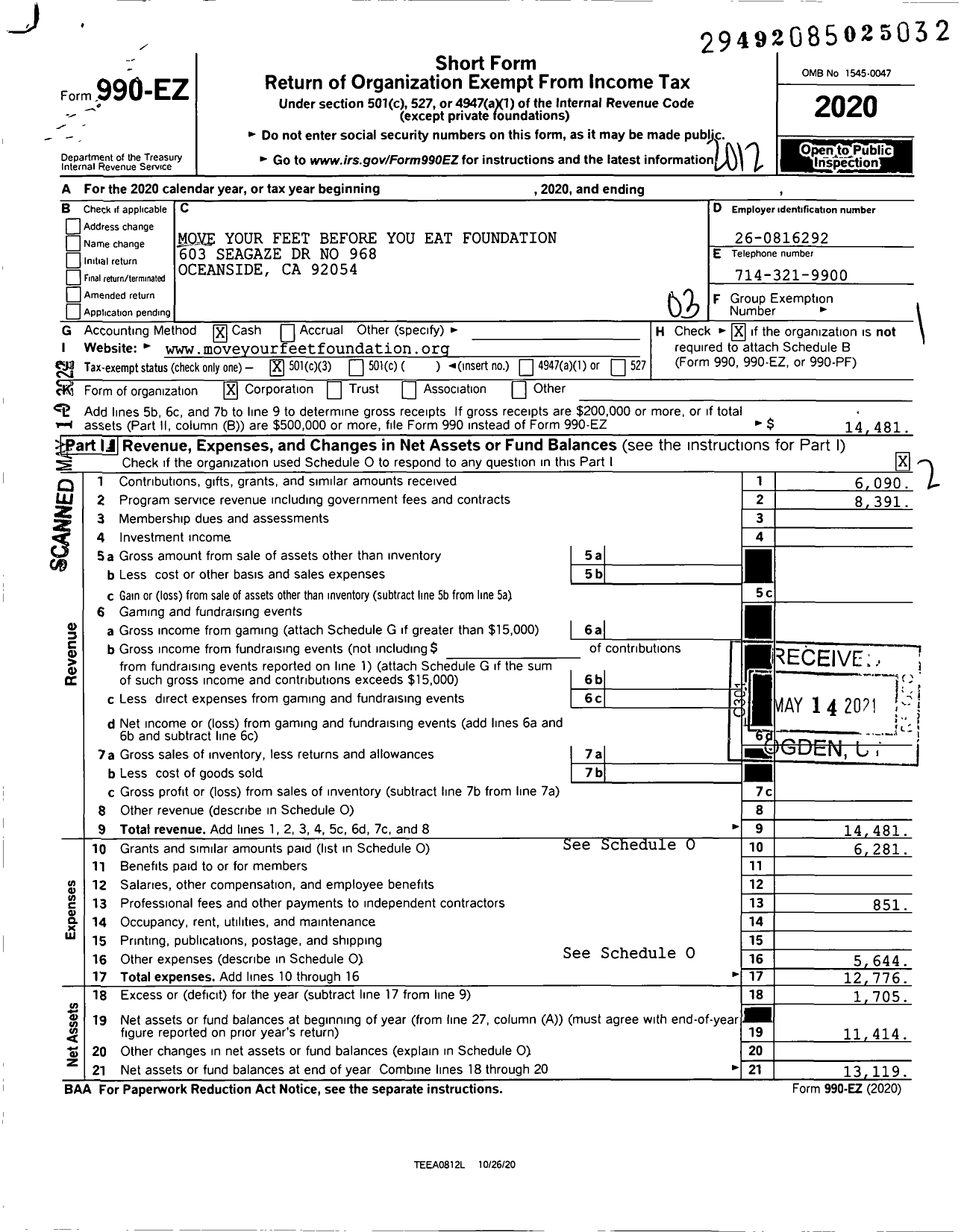 Image of first page of 2020 Form 990EZ for Move Your Feet Before You Eat Foundation