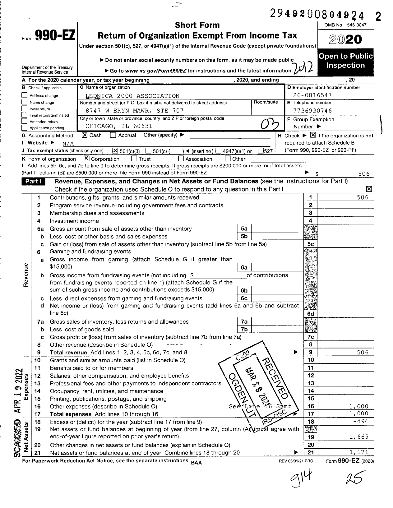 Image of first page of 2020 Form 990EZ for Lednica 2000 Association