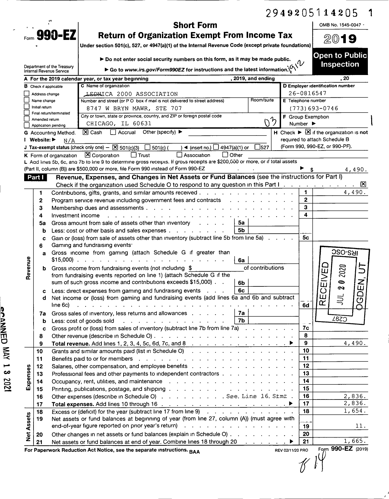 Image of first page of 2019 Form 990EZ for Lednica 2000 Association