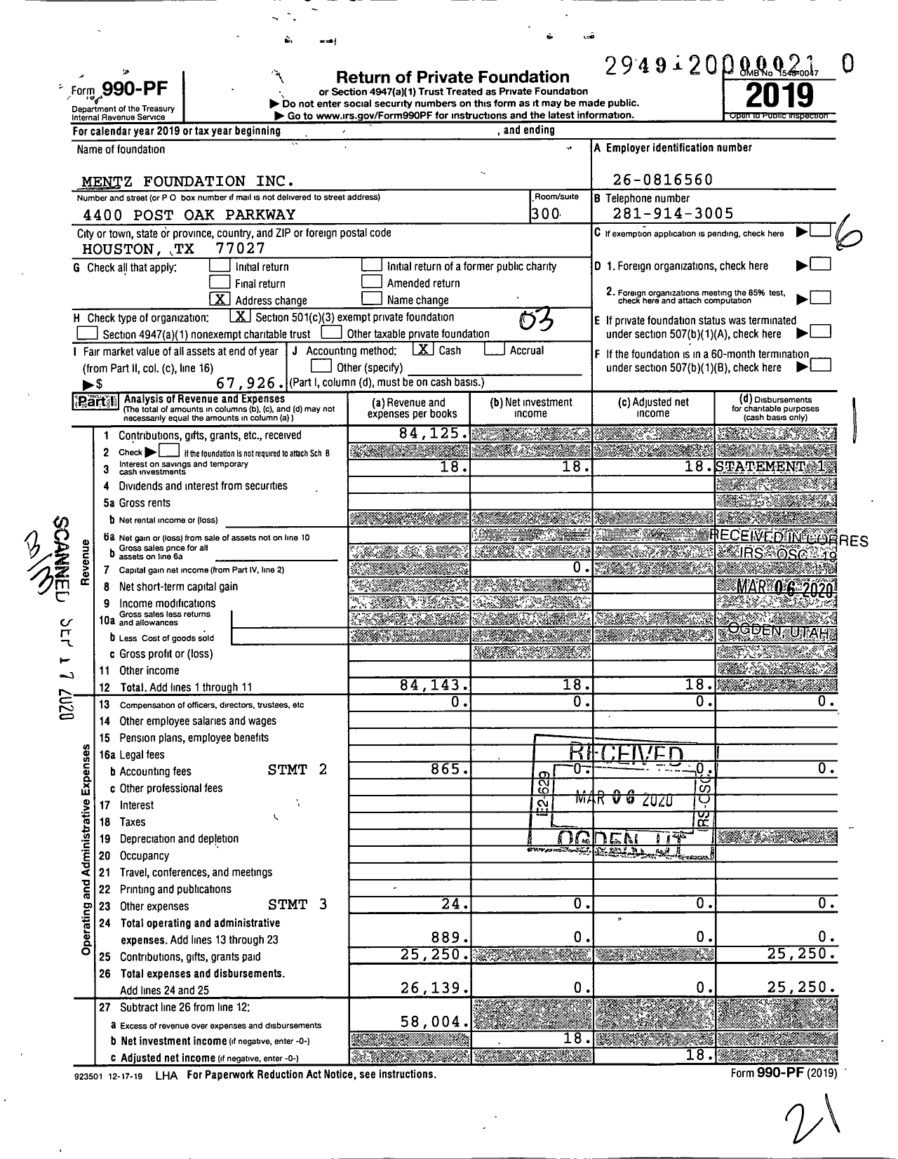 Image of first page of 2019 Form 990PR for Mentz Foundation