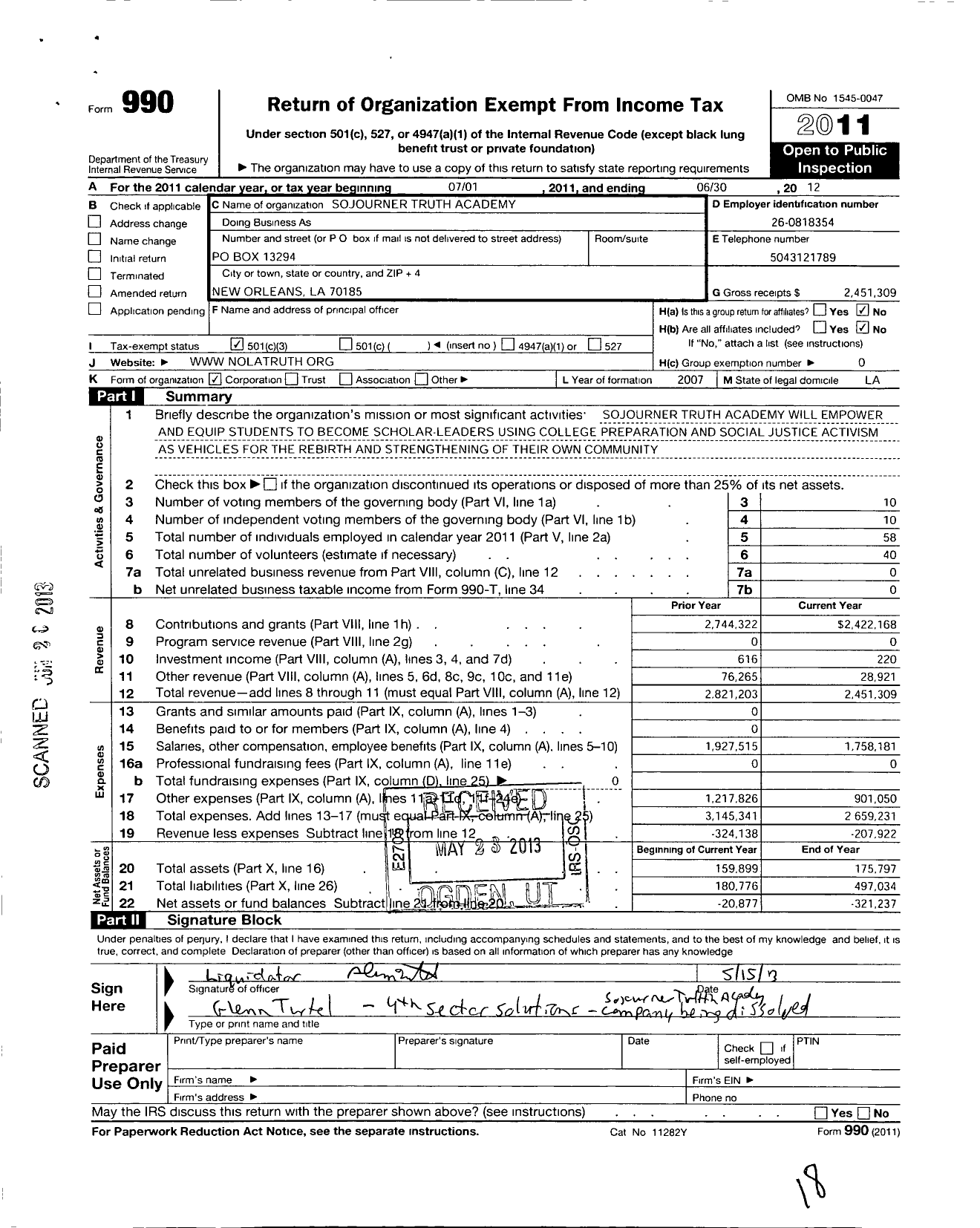 Image of first page of 2011 Form 990 for Sojourner Truth Academy