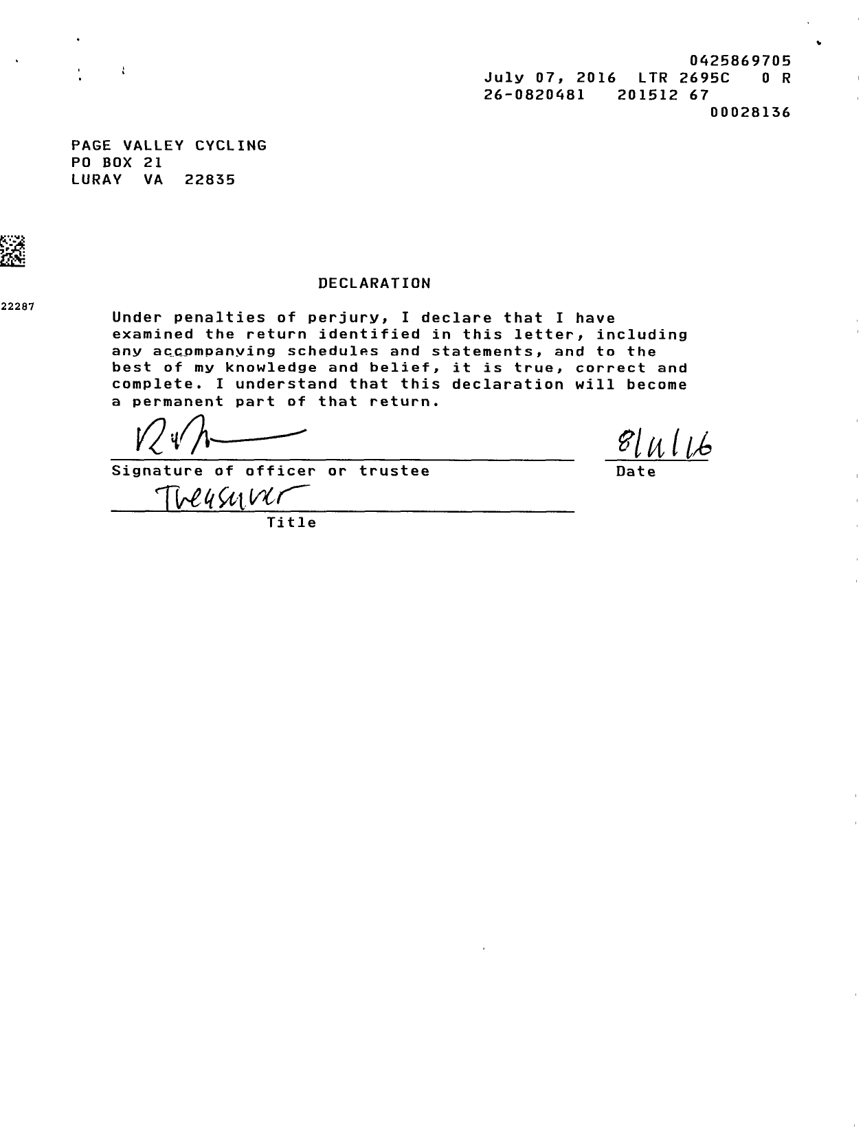 Image of first page of 2015 Form 990ER for Page Valley Cycling