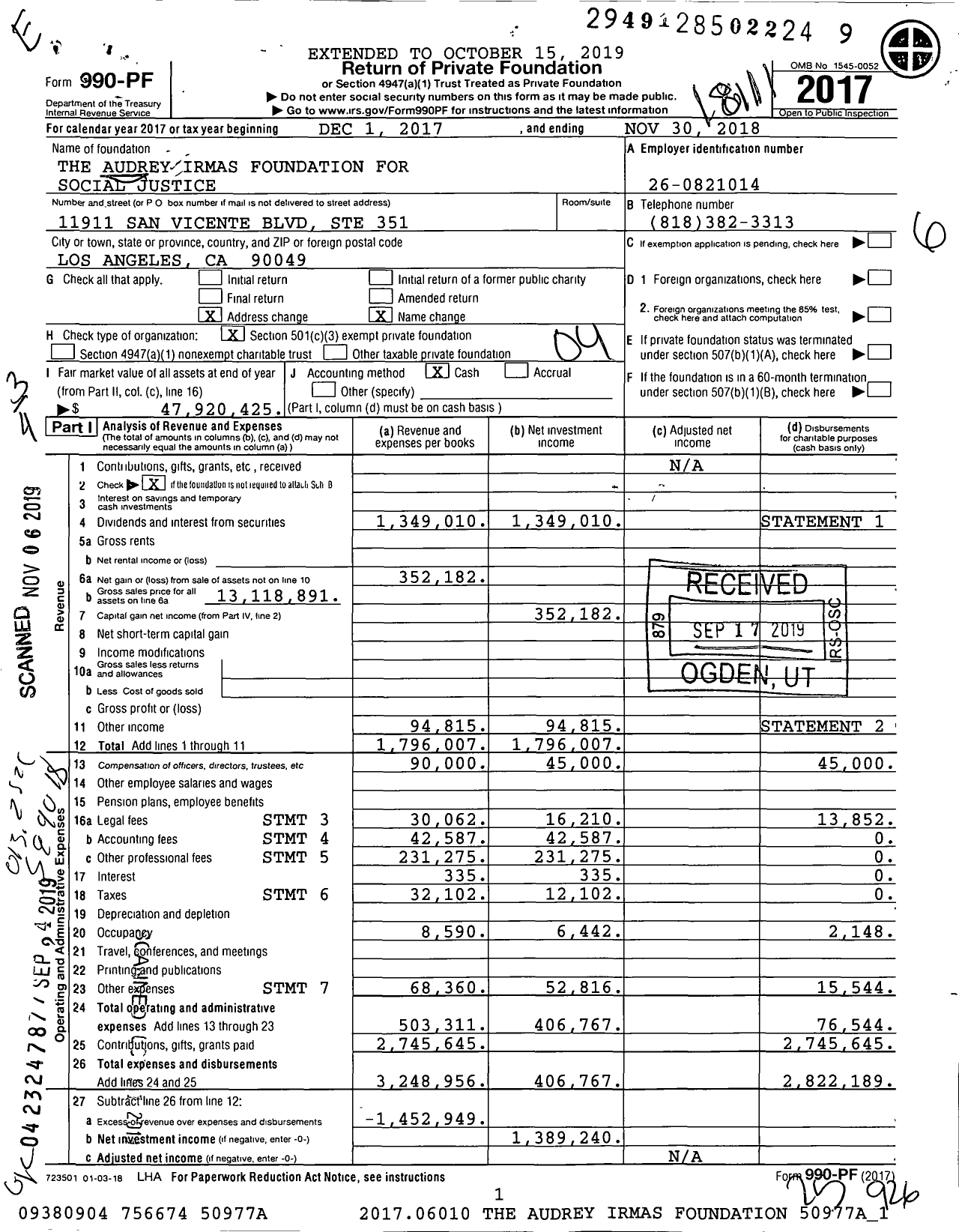 Image of first page of 2017 Form 990PF for Audrey Irmas Foundation for Social Justice