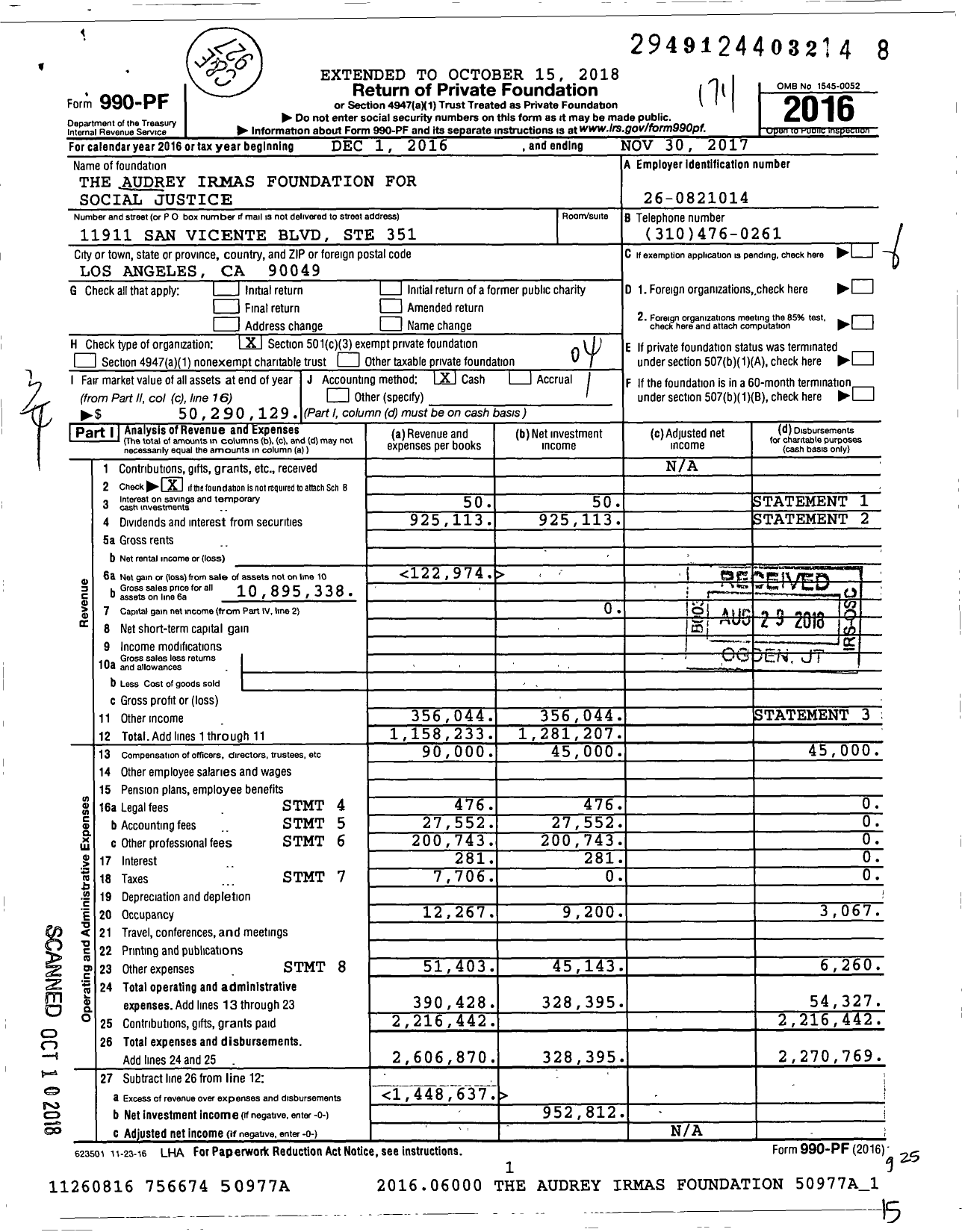 Image of first page of 2016 Form 990PF for Audrey Irmas Foundation for Social Justice