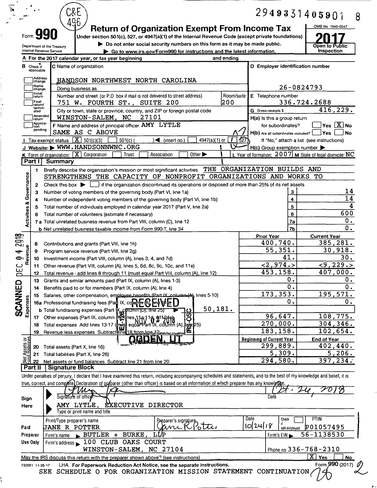 Image of first page of 2017 Form 990 for Handson Northwest North Carolina