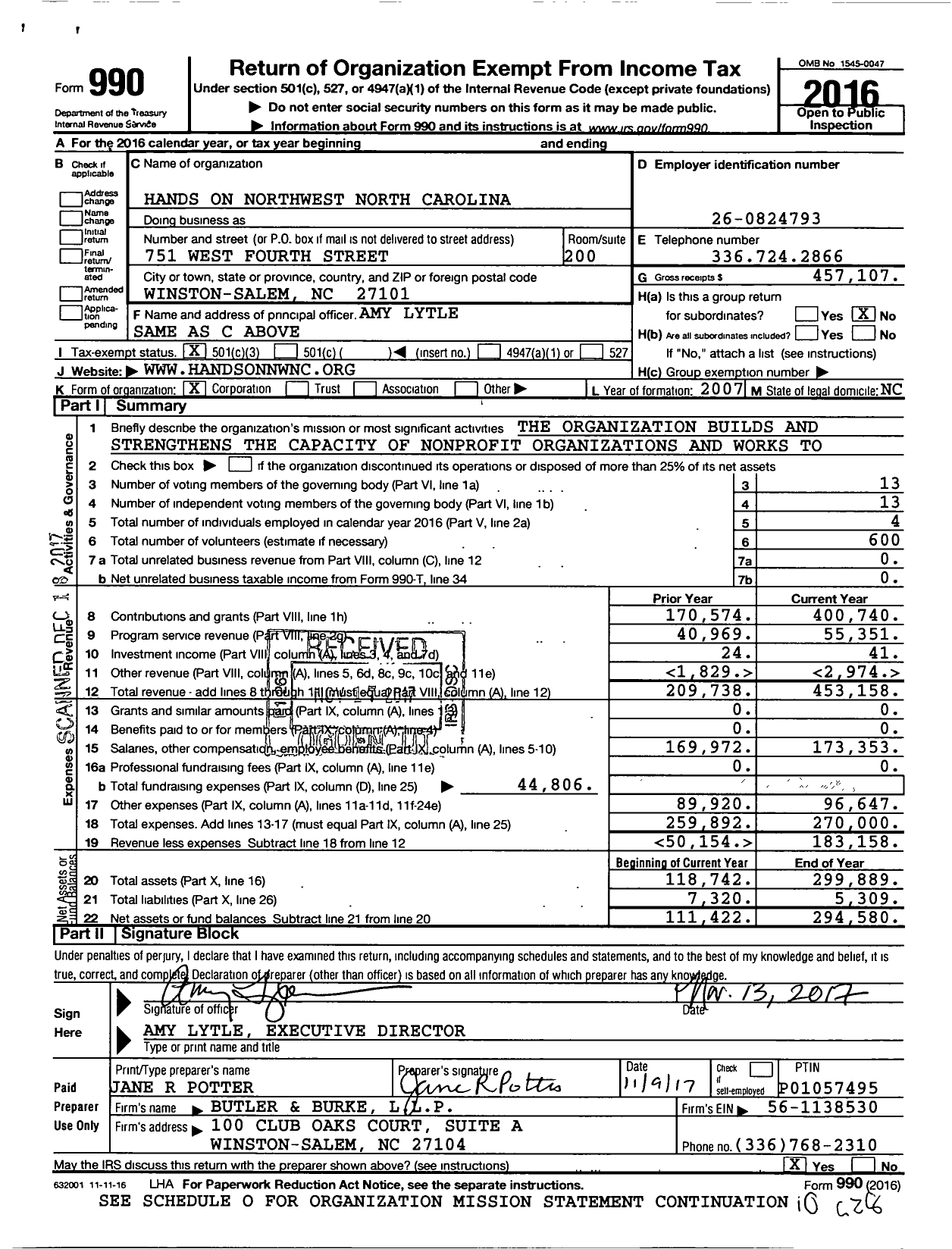 Image of first page of 2016 Form 990 for Handson Northwest North Carolina