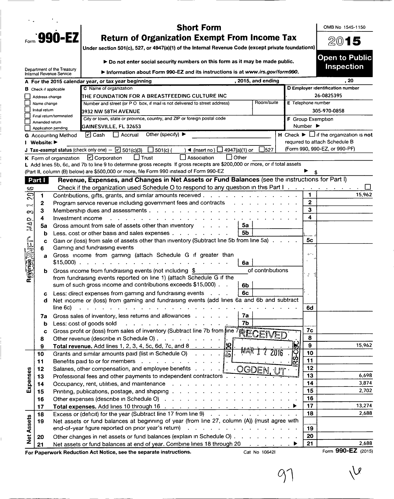 Image of first page of 2015 Form 990EZ for The Foundation for A Breastfeeding Culture