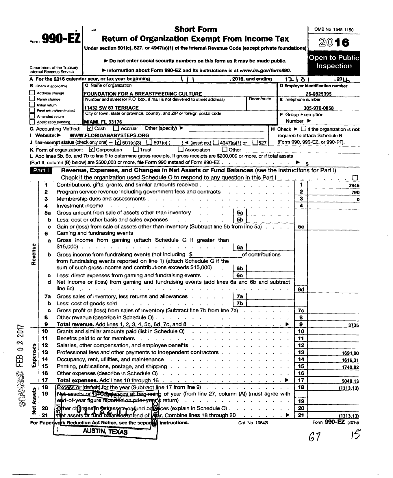 Image of first page of 2016 Form 990EZ for The Foundation for A Breastfeeding Culture