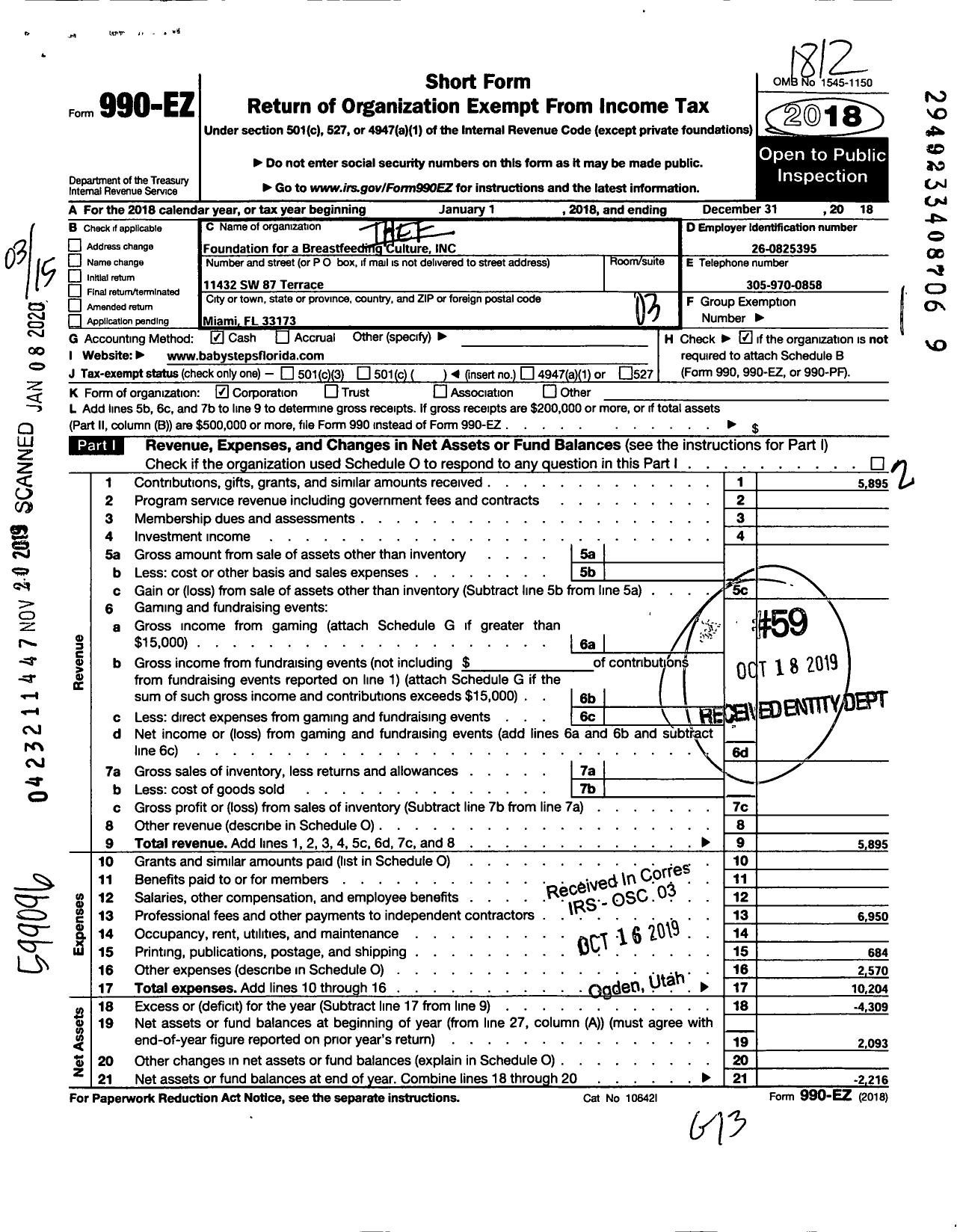 Image of first page of 2018 Form 990EZ for The Foundation for A Breastfeeding Culture