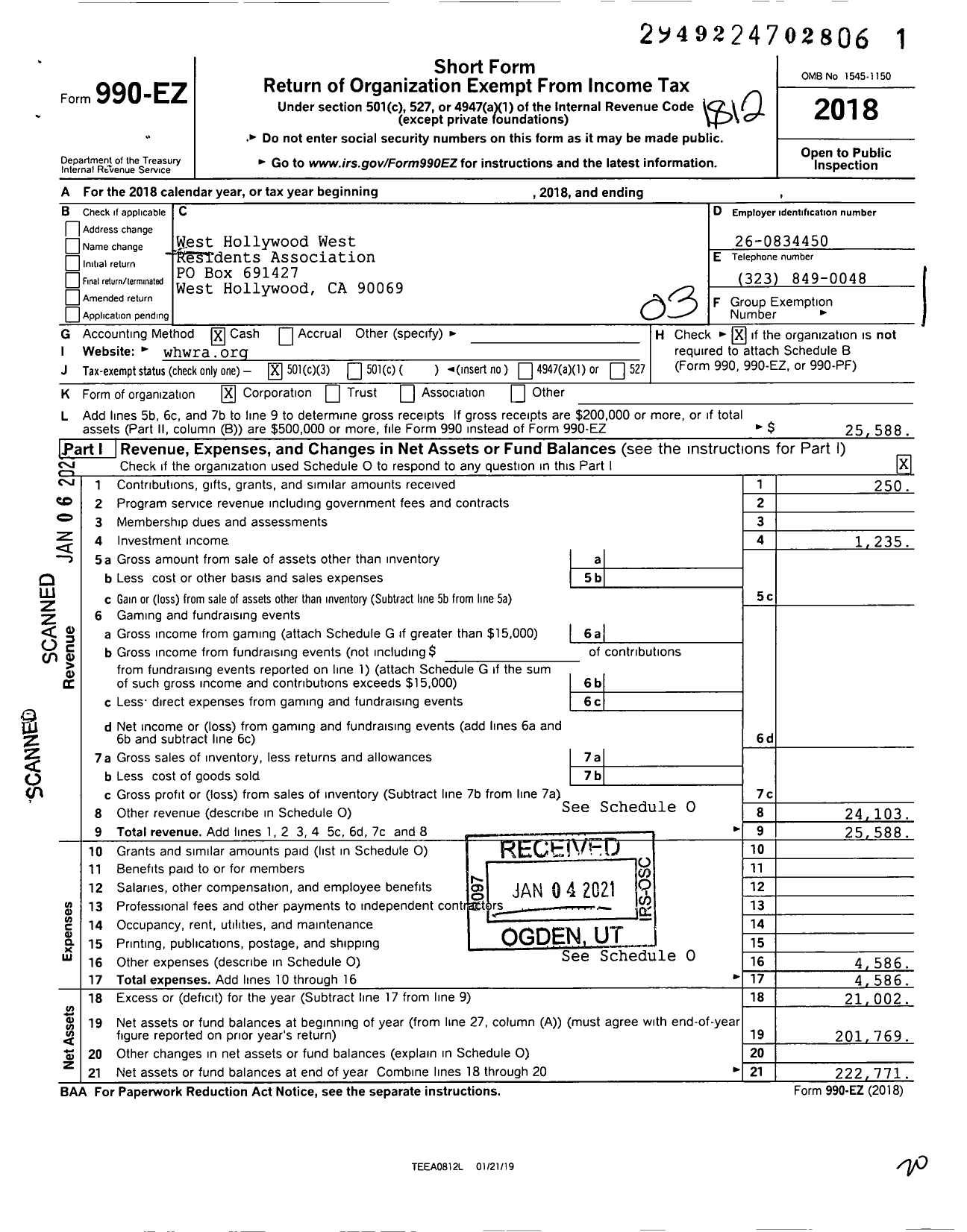 Image of first page of 2018 Form 990EZ for The West Hollywood West Residents Association