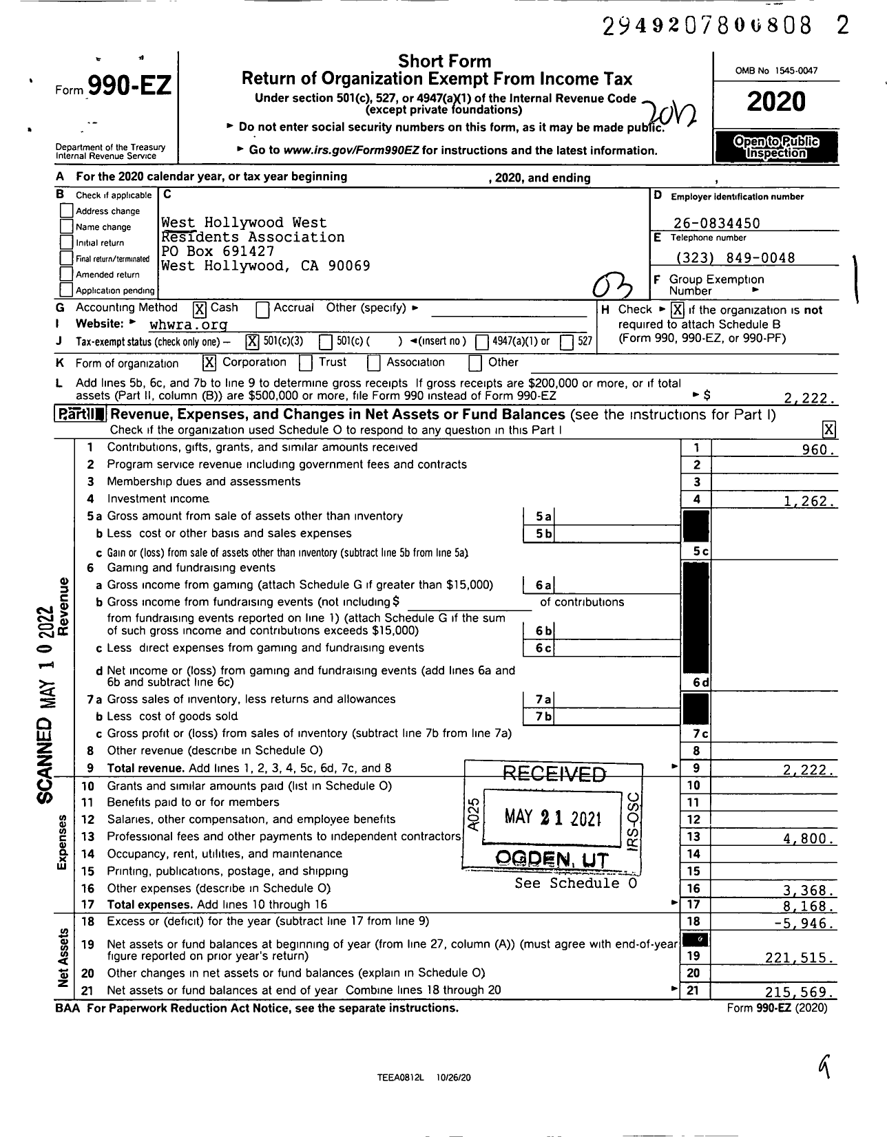 Image of first page of 2020 Form 990EZ for The West Hollywood West Residents Association