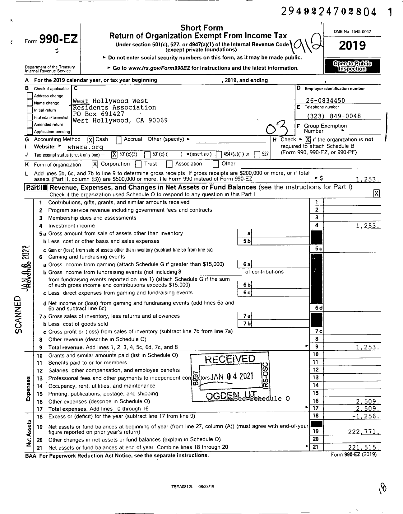 Image of first page of 2019 Form 990EZ for The West Hollywood West Residents Association