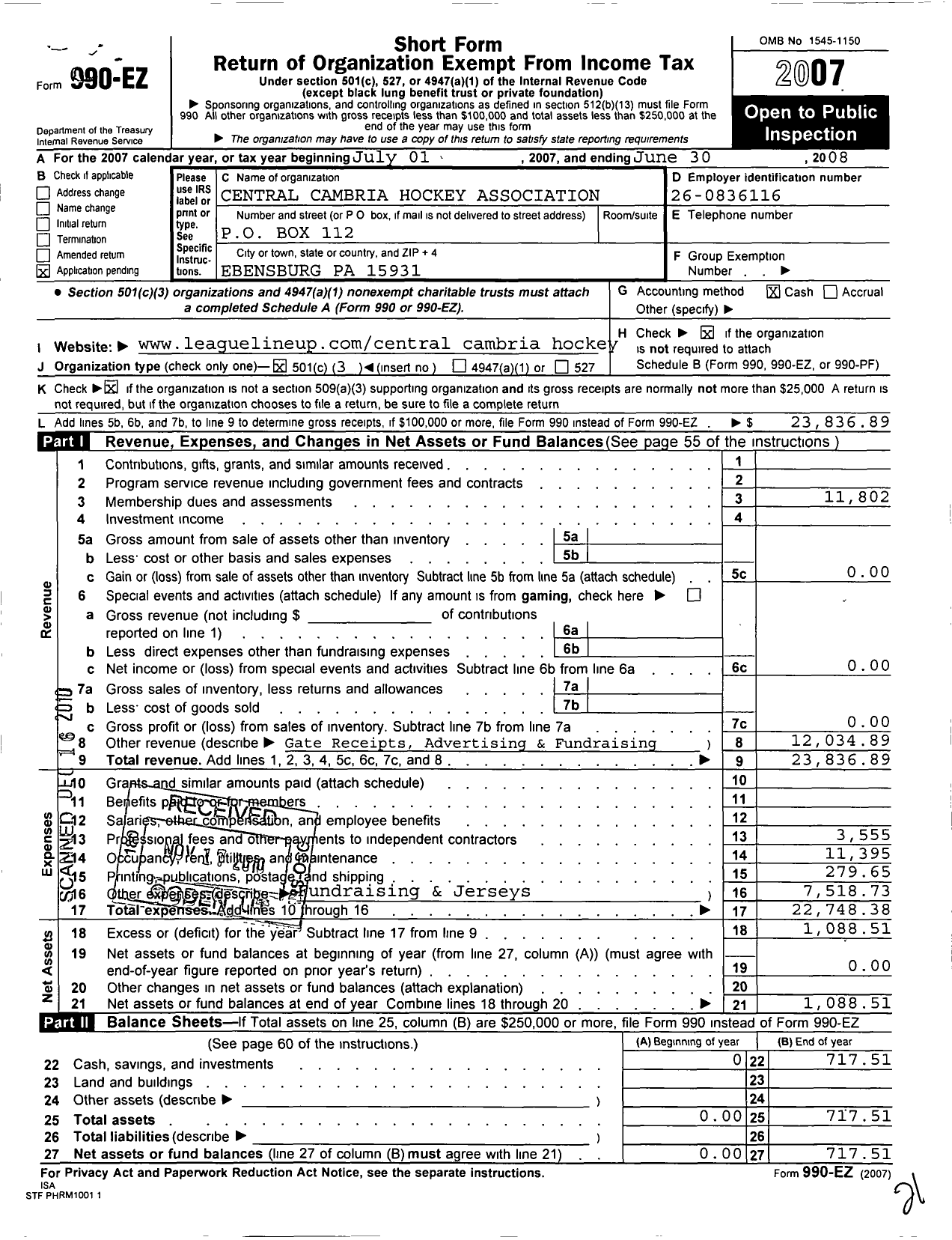 Image of first page of 2007 Form 990EZ for Central Cambria Hockey Association