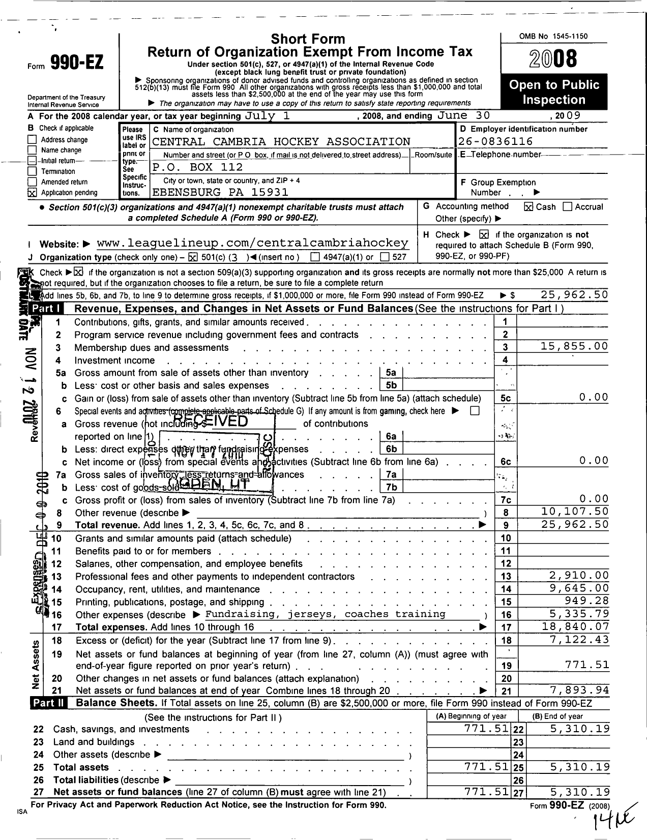 Image of first page of 2008 Form 990EZ for Central Cambria Hockey Association