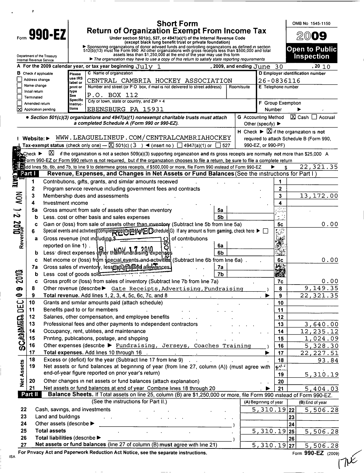 Image of first page of 2009 Form 990EZ for Central Cambria Hockey Association