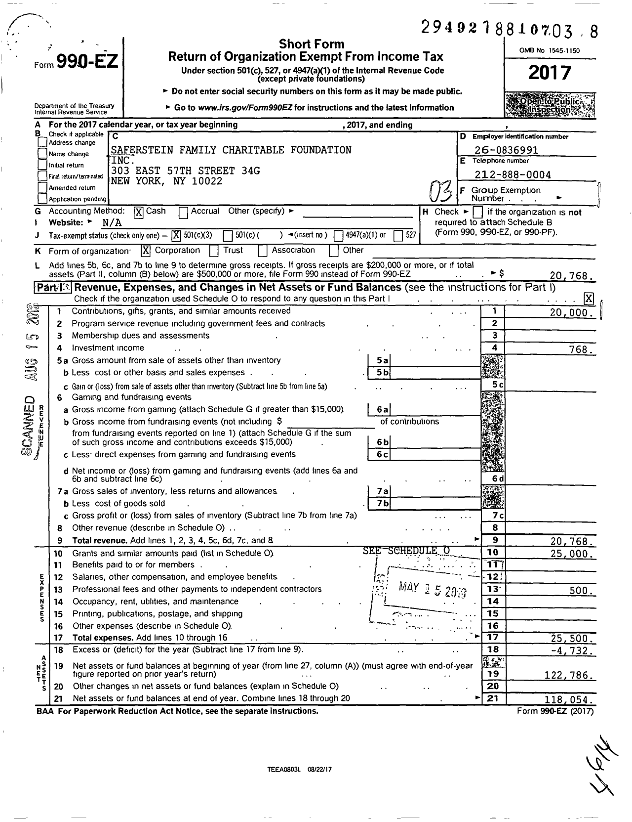 Image of first page of 2017 Form 990EZ for Saferstein Family Charitable Foundation