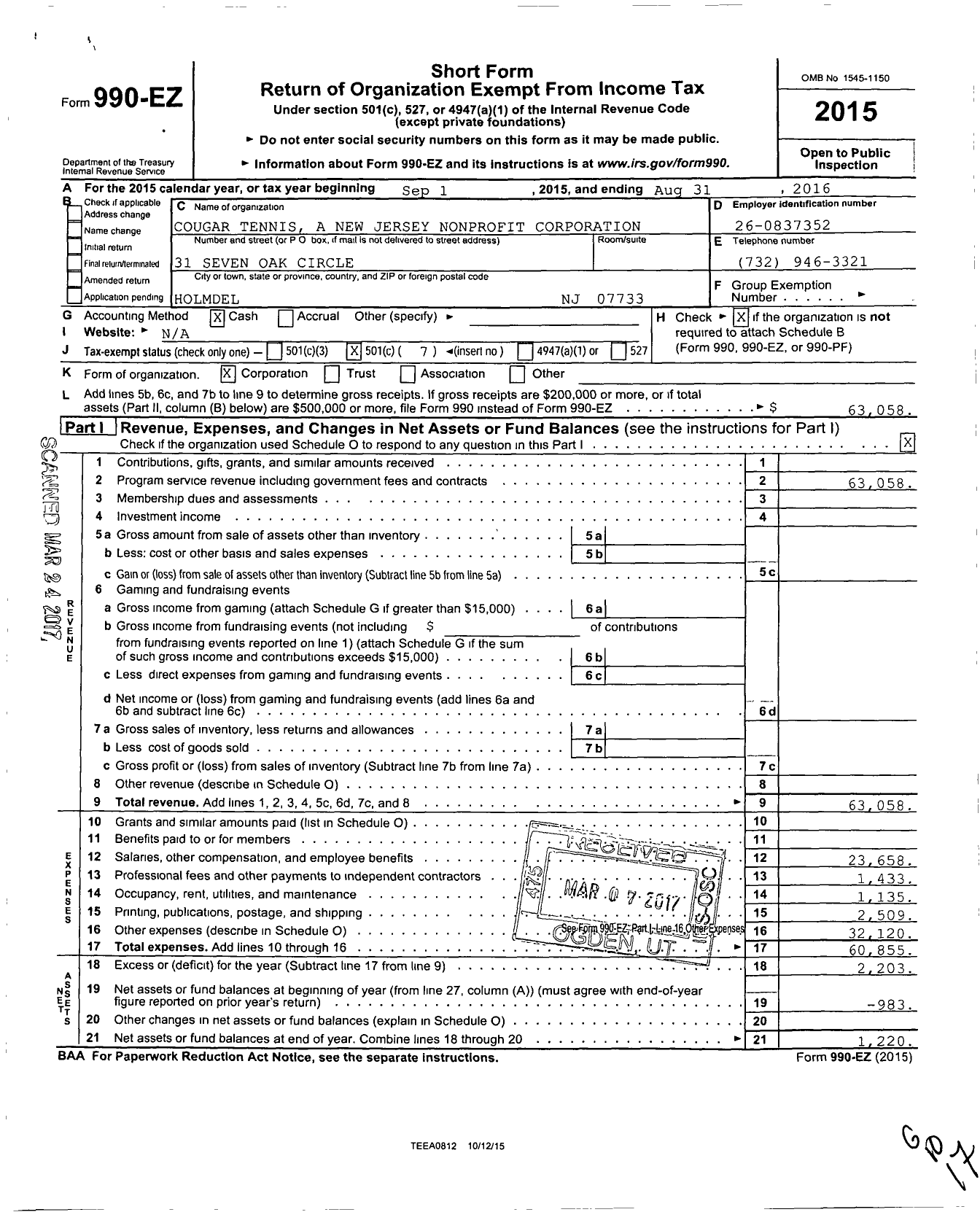 Image of first page of 2015 Form 990EO for Cougar Tennis A New Jersey Nonprofit Corporation