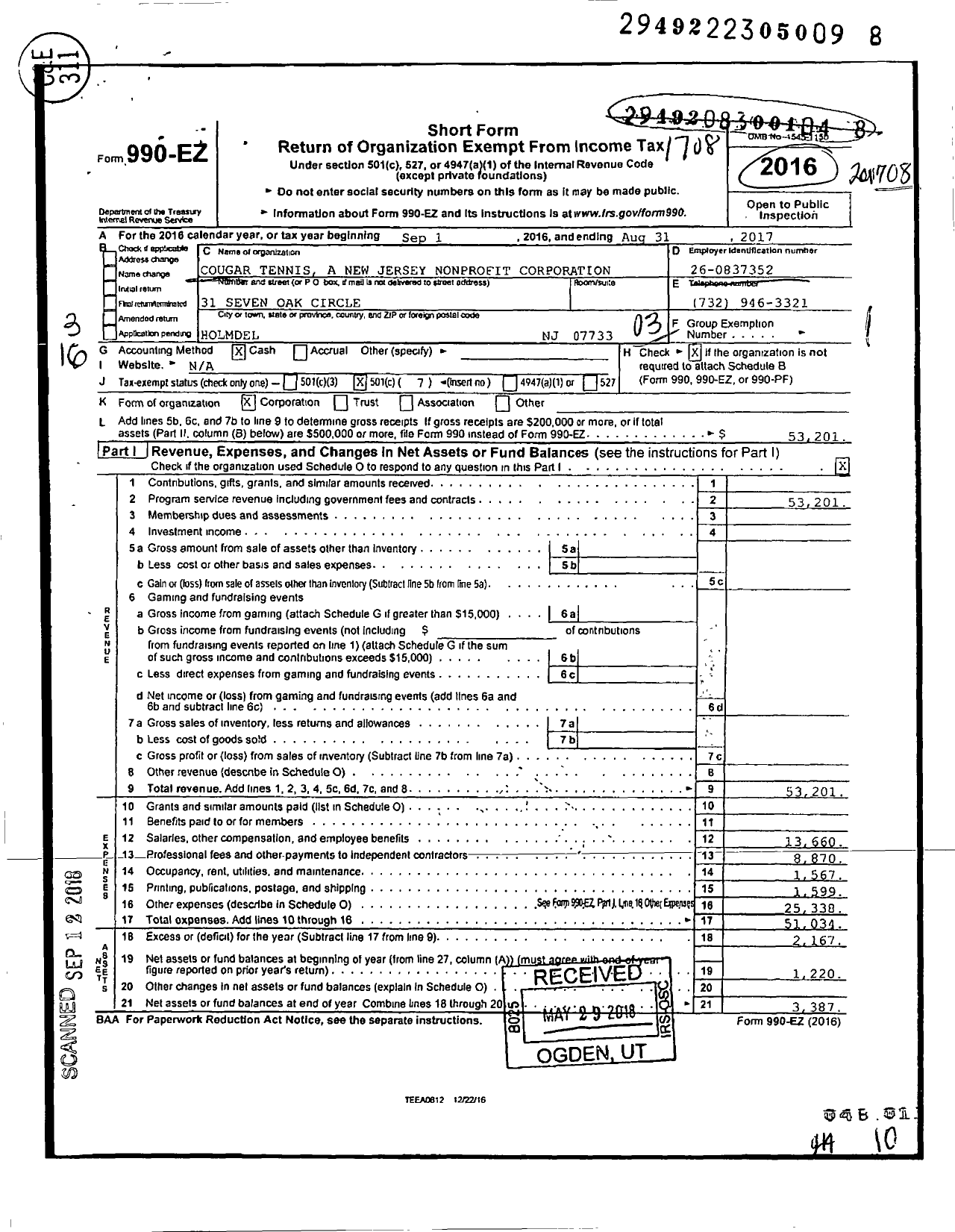 Image of first page of 2016 Form 990EZ for Cougar Tennis A New Jersey Nonprofit Corporation