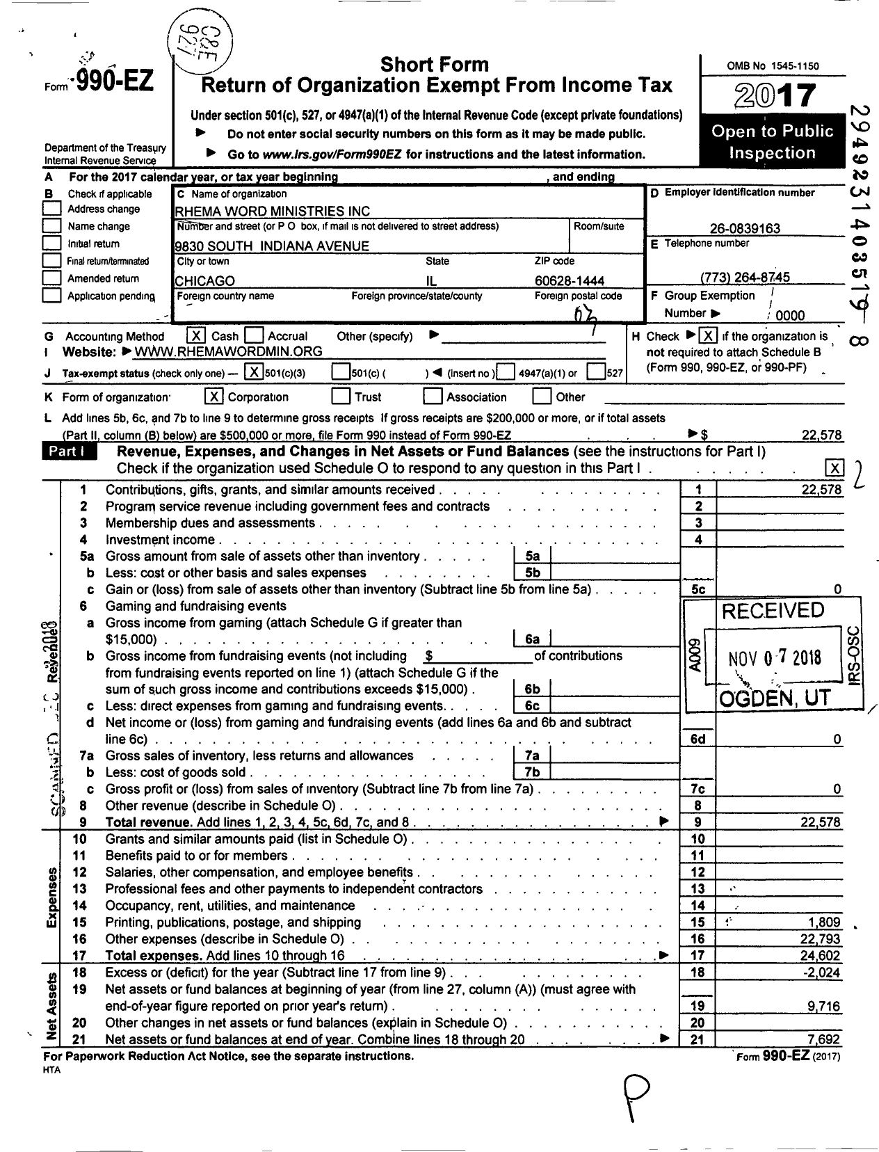 Image of first page of 2017 Form 990EZ for Rhema Word Ministries