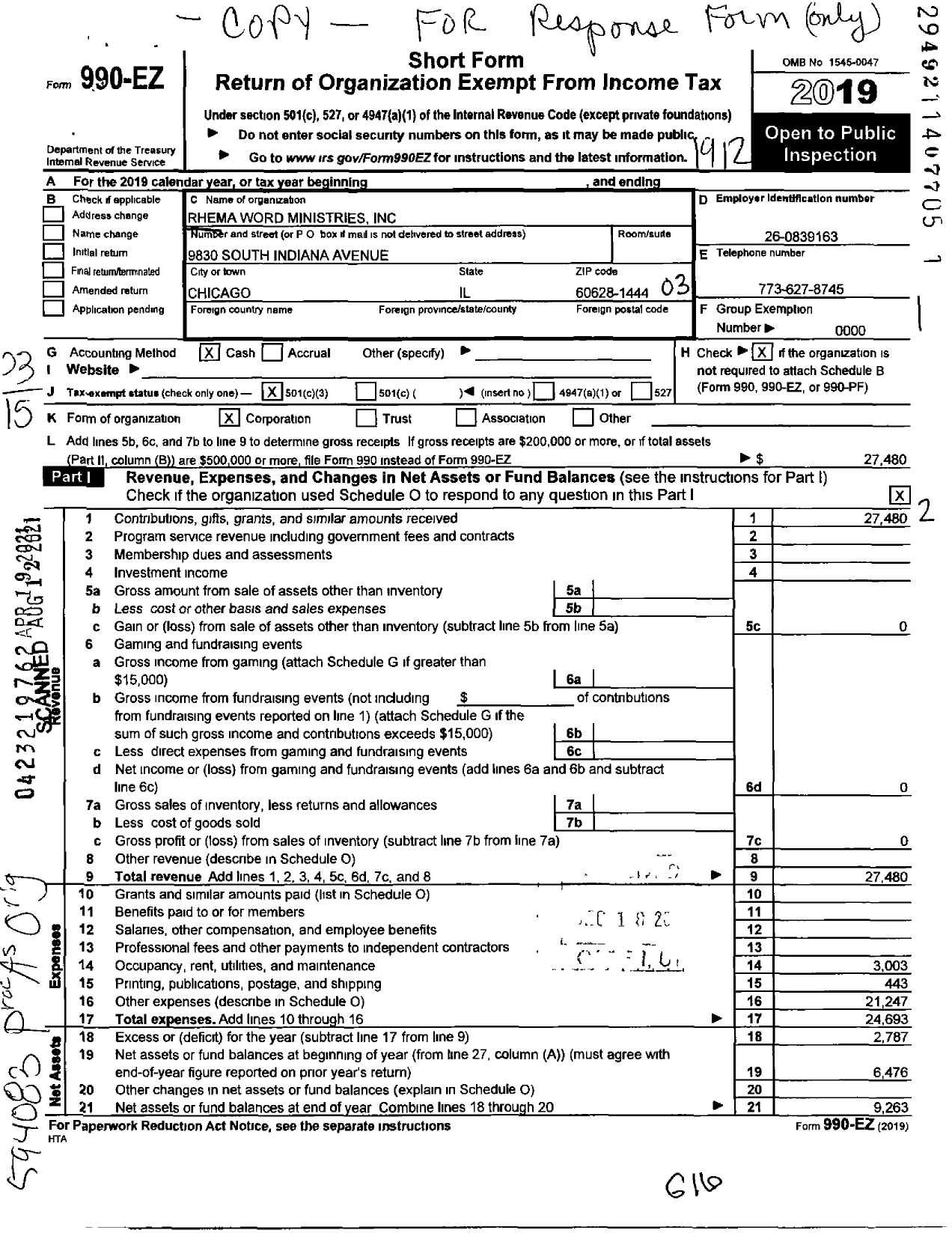 Image of first page of 2019 Form 990EZ for Rhema Word Ministries