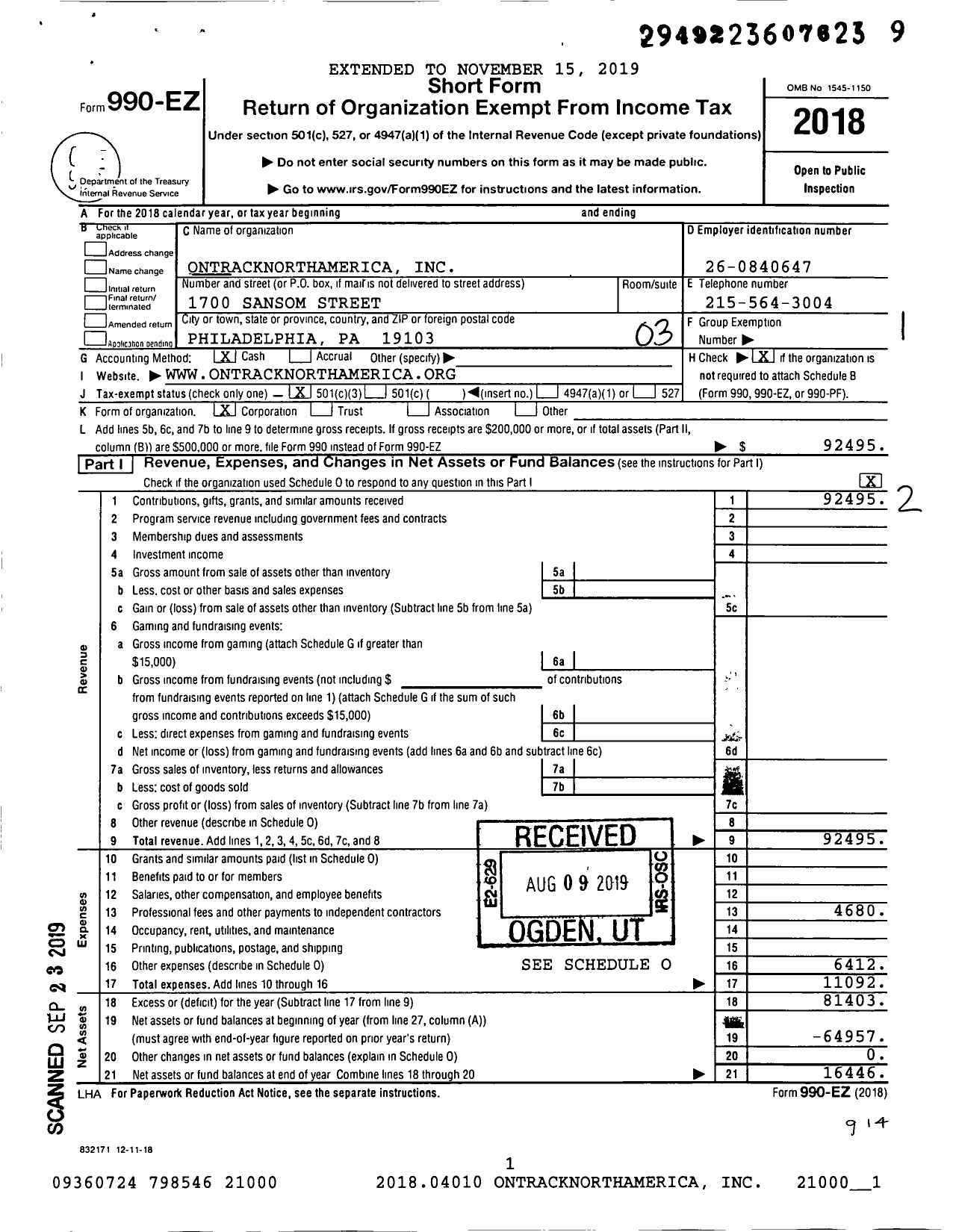 Image of first page of 2018 Form 990EZ for Ontracknorthamerica