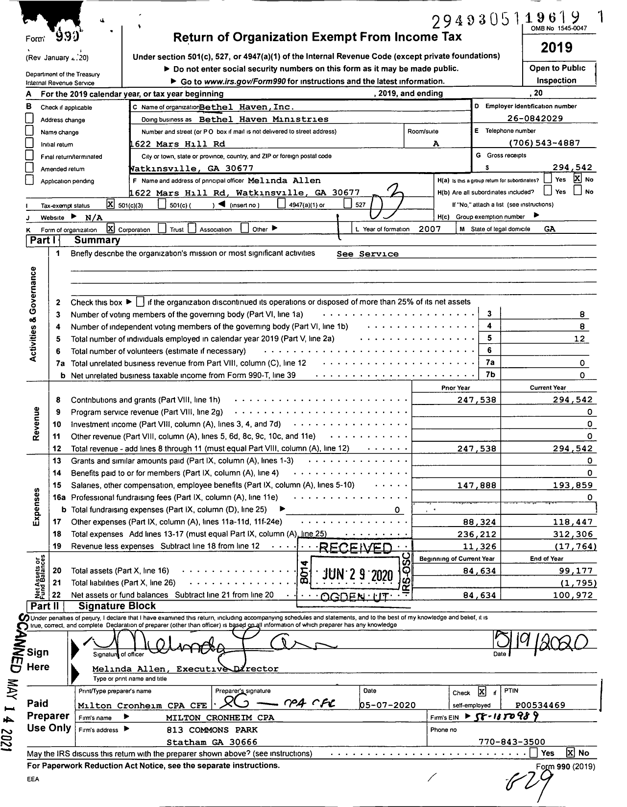 Image of first page of 2019 Form 990 for Bethel Haven Bethel Haven Ministries