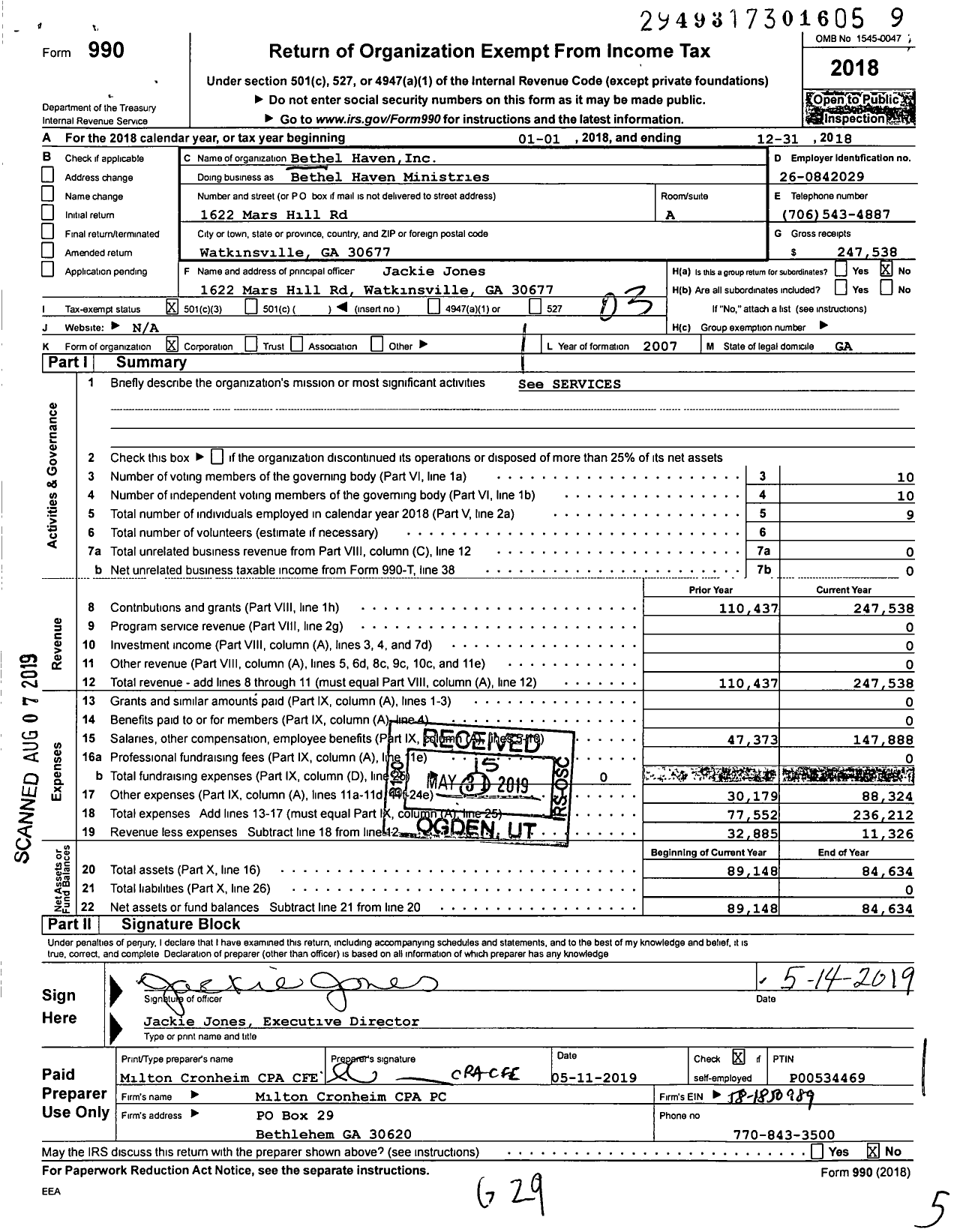 Image of first page of 2018 Form 990 for Bethel Haven Bethel Haven Ministries