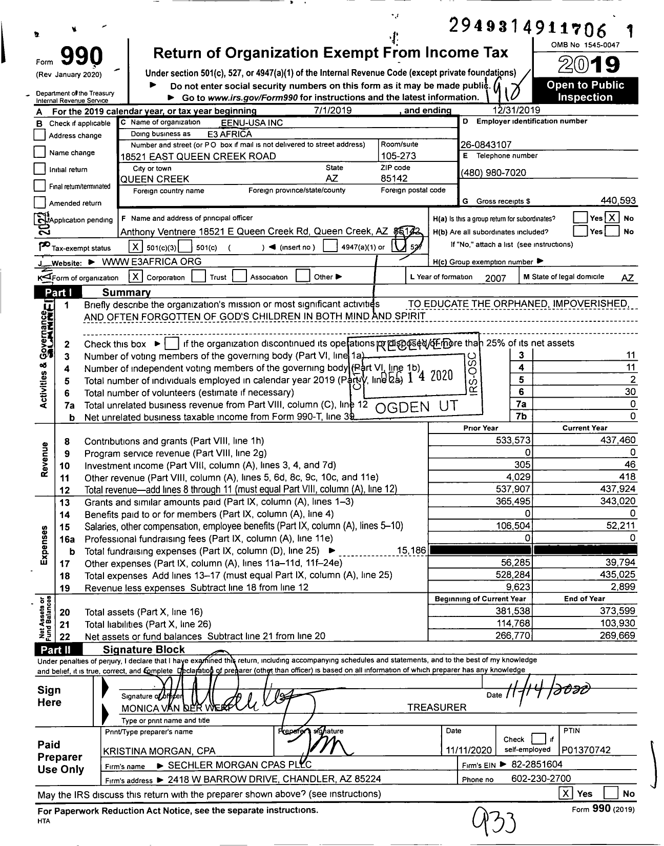 Image of first page of 2019 Form 990 for E3 Africa